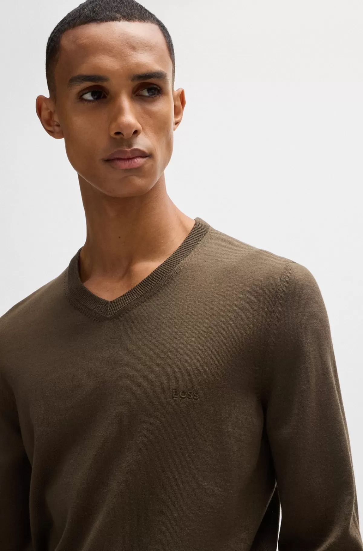 HUGO BOSS Regular Fit Sweater I Ny Uld Med Broderet Logo Mørkebrun Best Sale