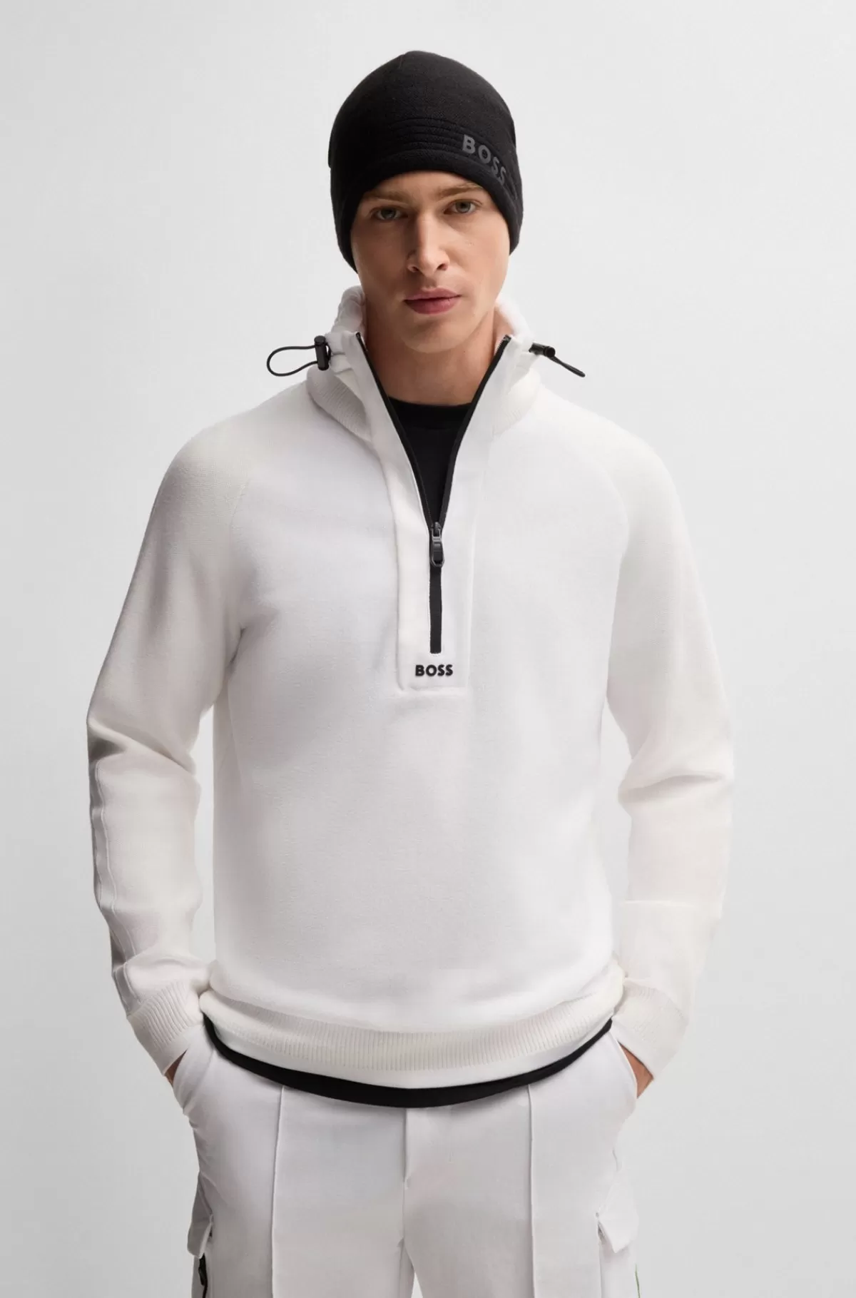 HUGO BOSS Regular Fit Sweater Med Justerbar Krave Hvid Hot