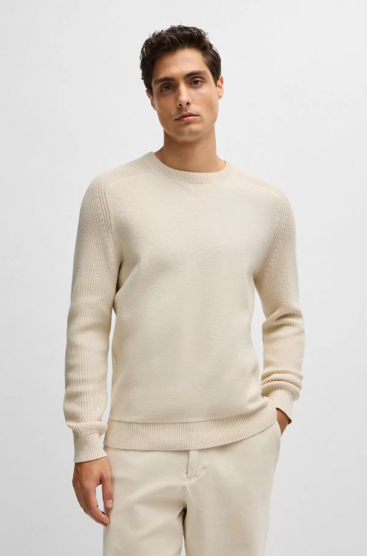 HUGO BOSS Regular Fit Sweater Med Ribmanchetter I Blandede Materialer Naturlig Outlet