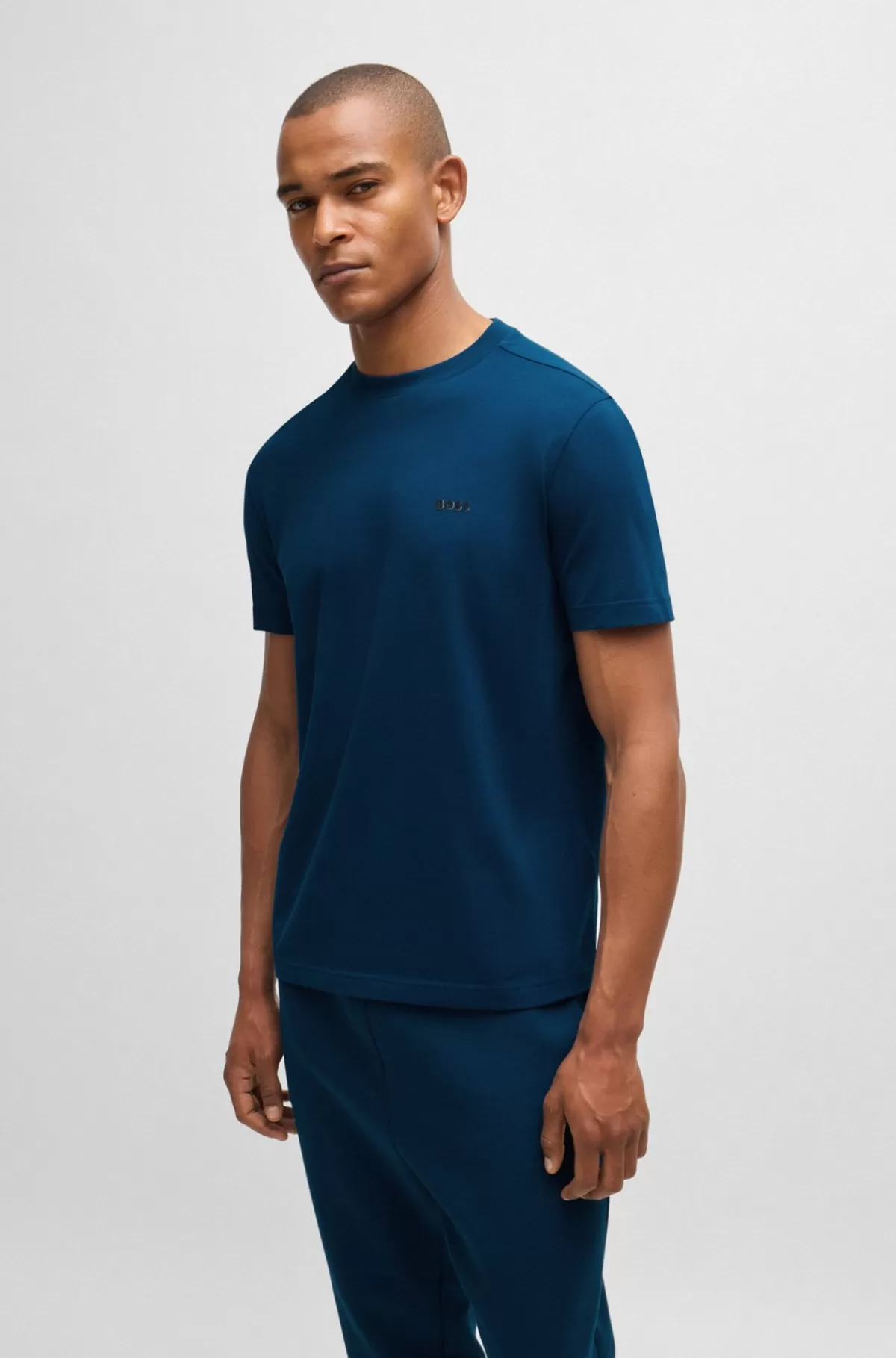 HUGO BOSS Regular Fit T-shirt I Bomuld Med Stræk Og Logo I Kontrastfarve Mørkeblå Cheap