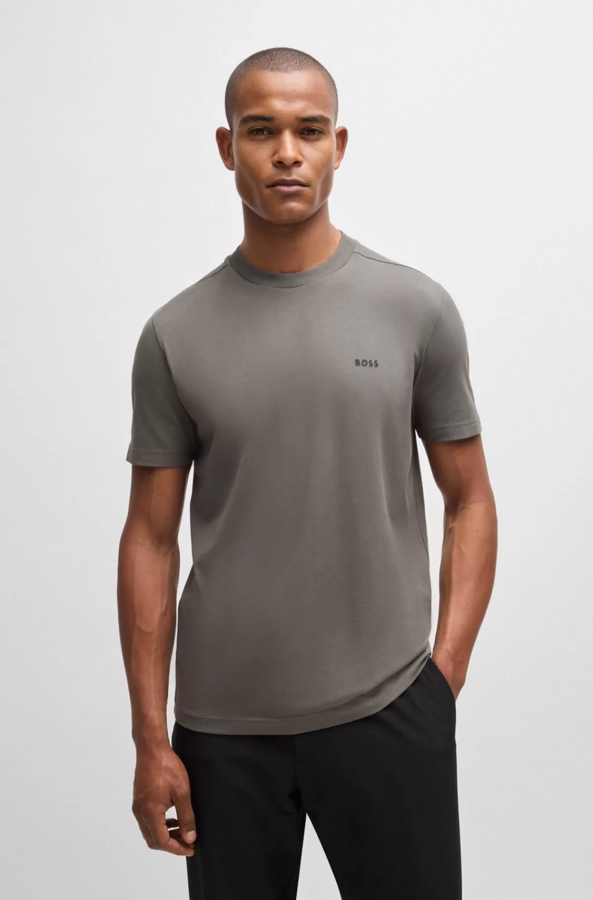 HUGO BOSS Regular Fit T-shirt I Bomuld Med Stræk Og Logo I Kontrastfarve Lysegrå Store