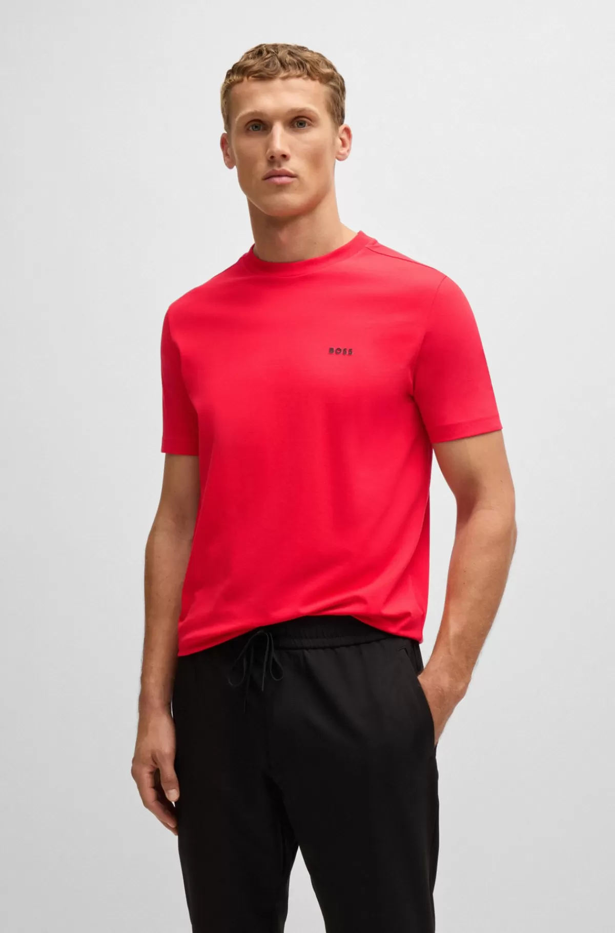 HUGO BOSS Regular Fit T-shirt I Bomuld Med Stræk Og Logo I Kontrastfarve Rød Outlet