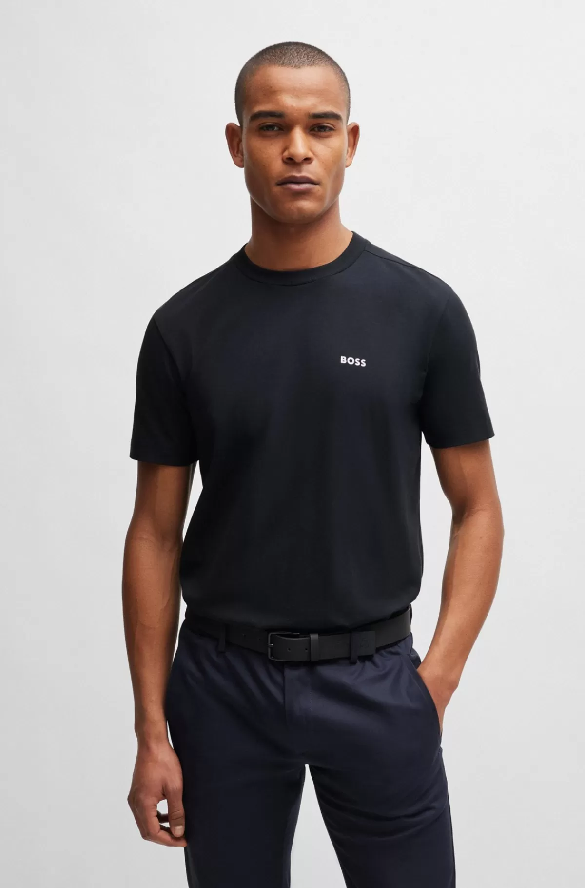 HUGO BOSS Regular Fit T-shirt I Bomuld Med Stræk Og Logo I Kontrastfarve Mørkeblå Cheap