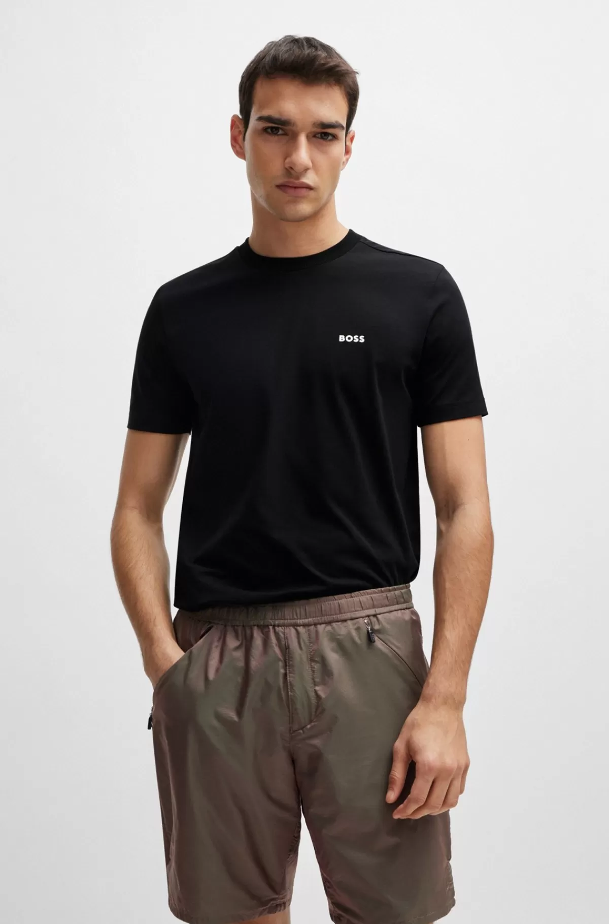 HUGO BOSS Regular Fit T-shirt I Bomuld Med Stræk Og Logo I Kontrastfarve Sort Shop