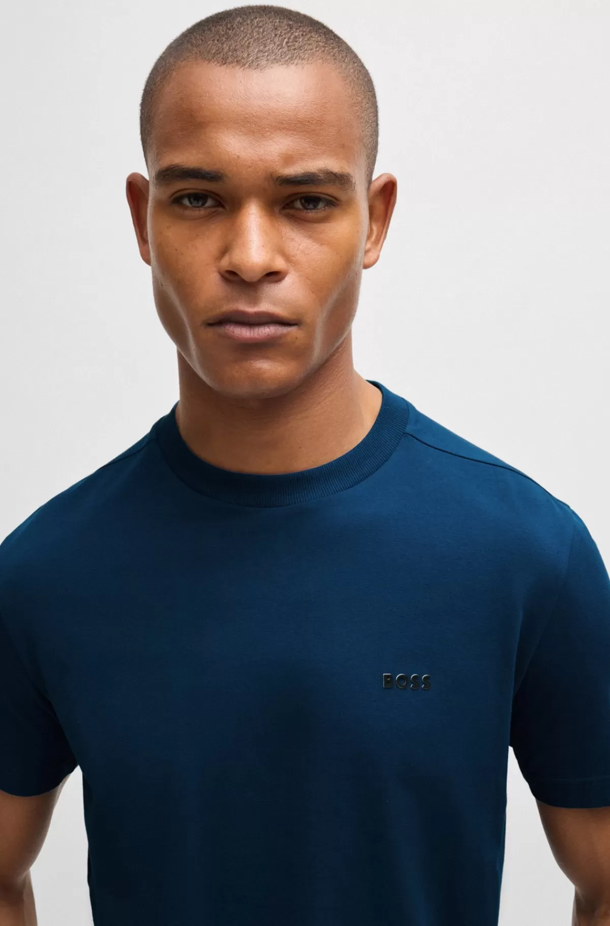 HUGO BOSS Regular Fit T-shirt I Bomuld Med Stræk Og Logo I Kontrastfarve Mørkeblå Cheap