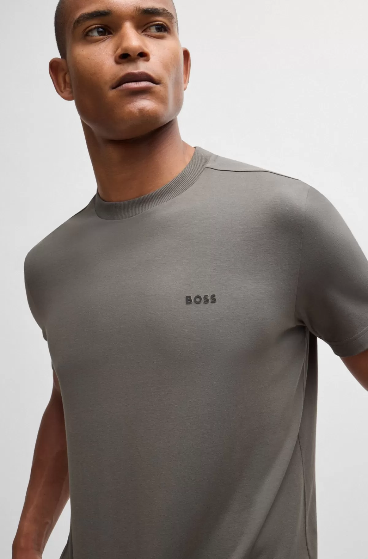 HUGO BOSS Regular Fit T-shirt I Bomuld Med Stræk Og Logo I Kontrastfarve Lysegrå Store