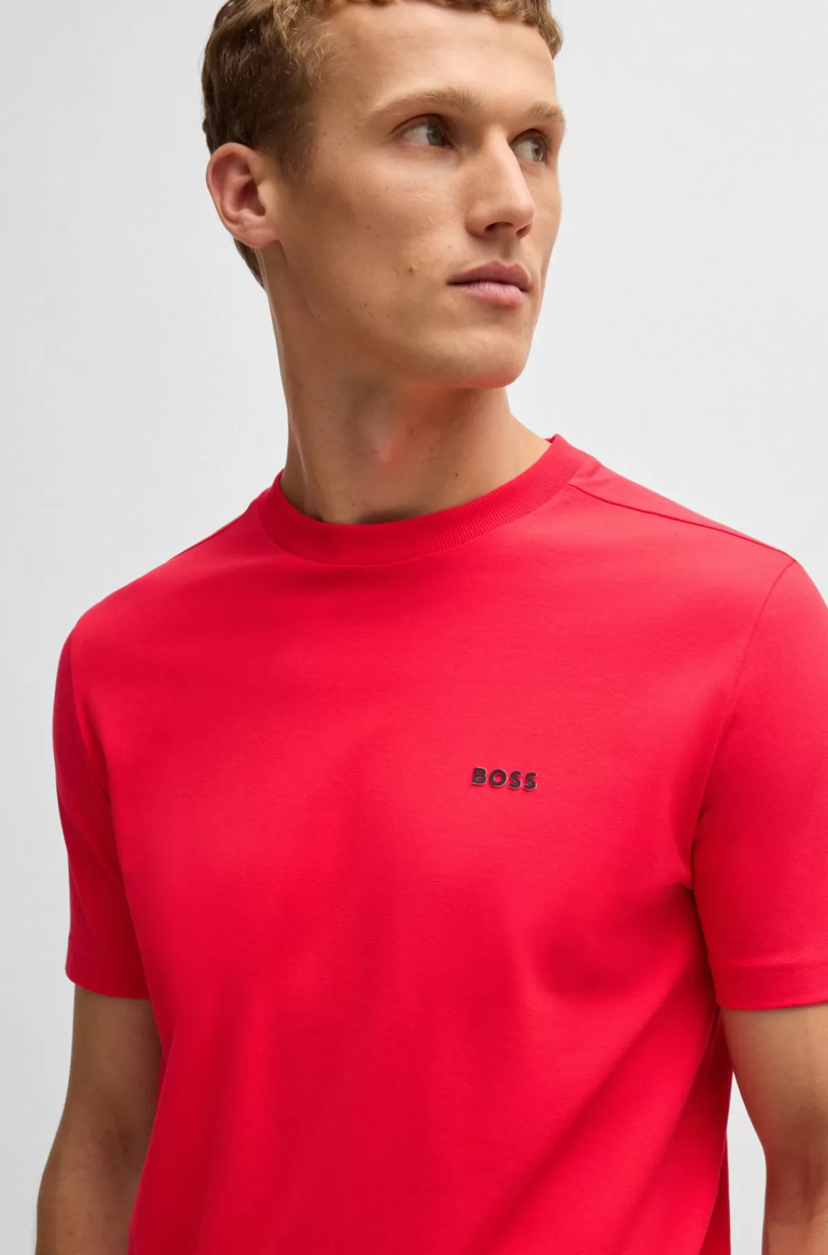HUGO BOSS Regular Fit T-shirt I Bomuld Med Stræk Og Logo I Kontrastfarve Rød Outlet