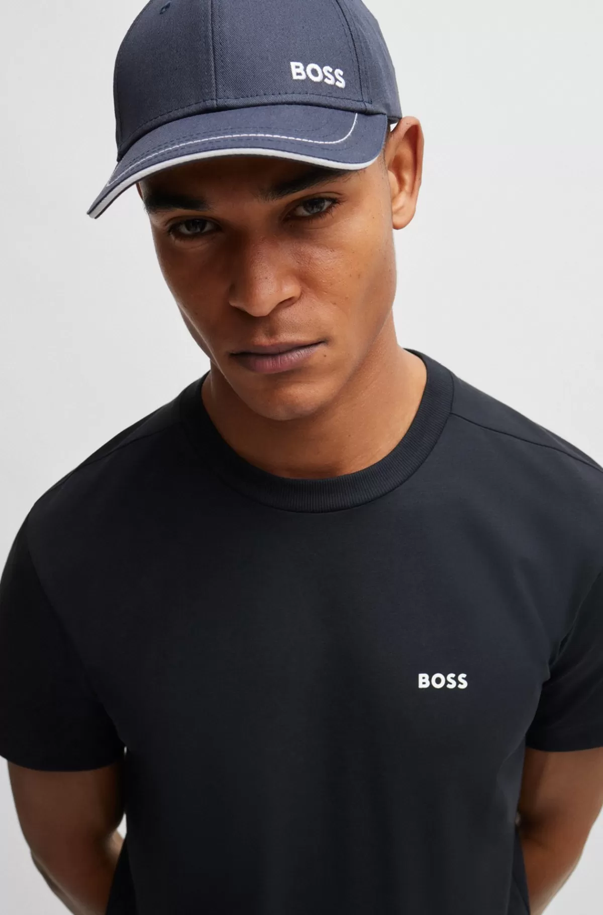 HUGO BOSS Regular Fit T-shirt I Bomuld Med Stræk Og Logo I Kontrastfarve Mørkeblå Cheap