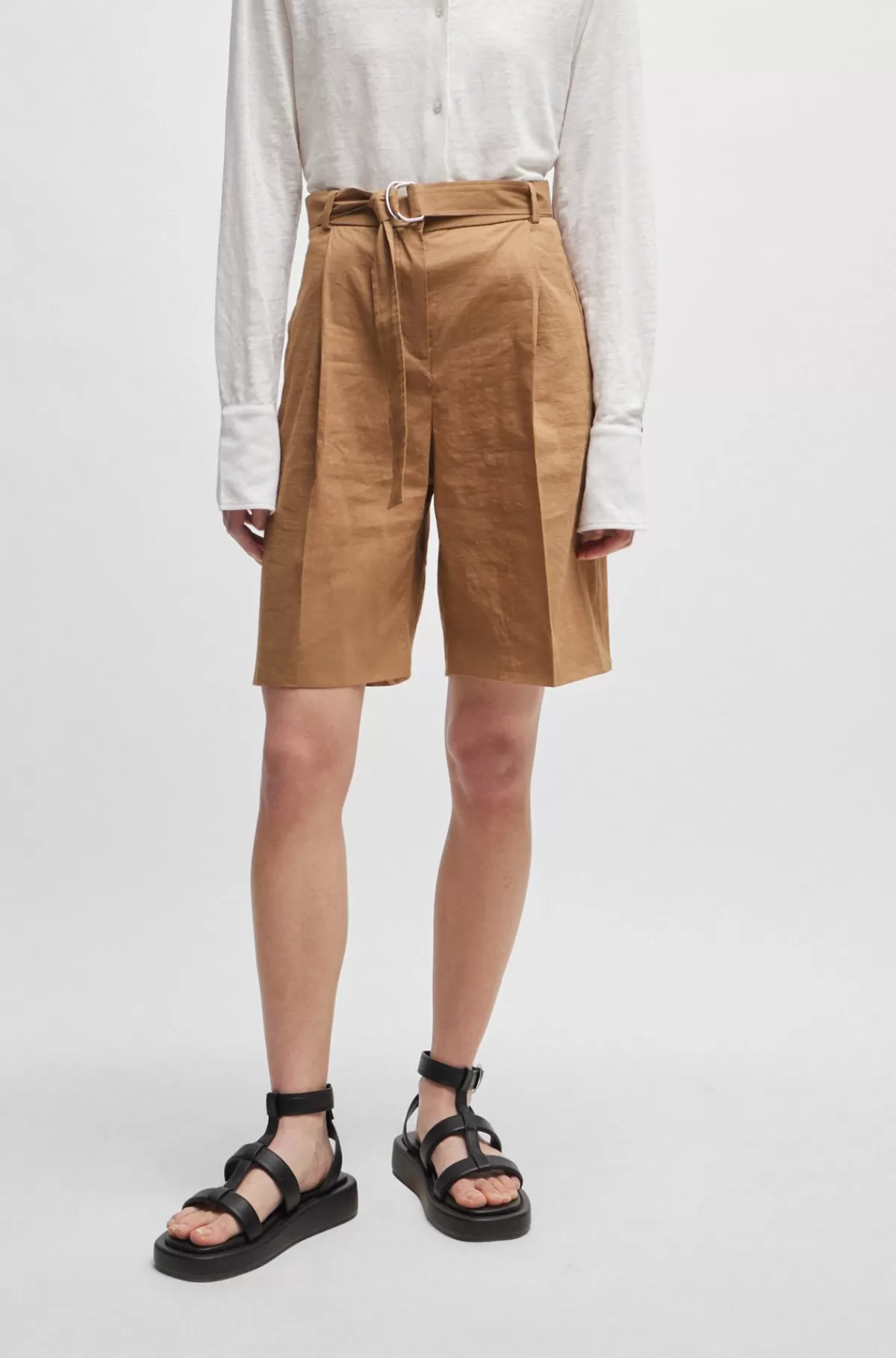 HUGO BOSS Relaxed Fit Shorts I En Hørblanding Med Stræk Brun Clearance
