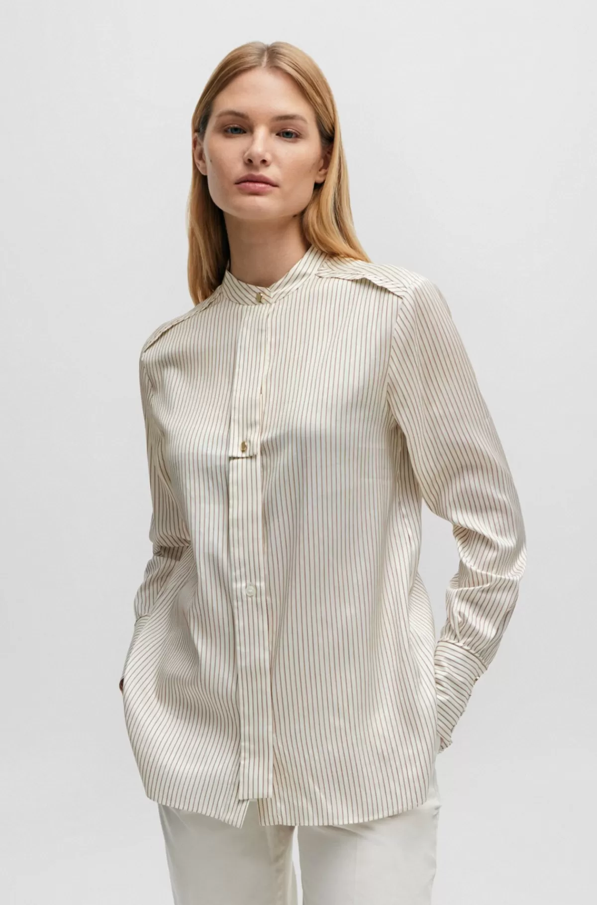 HUGO BOSS Relaxed Fit Skjorte I Stribet Silke Og Bomuld Lys beige Outlet