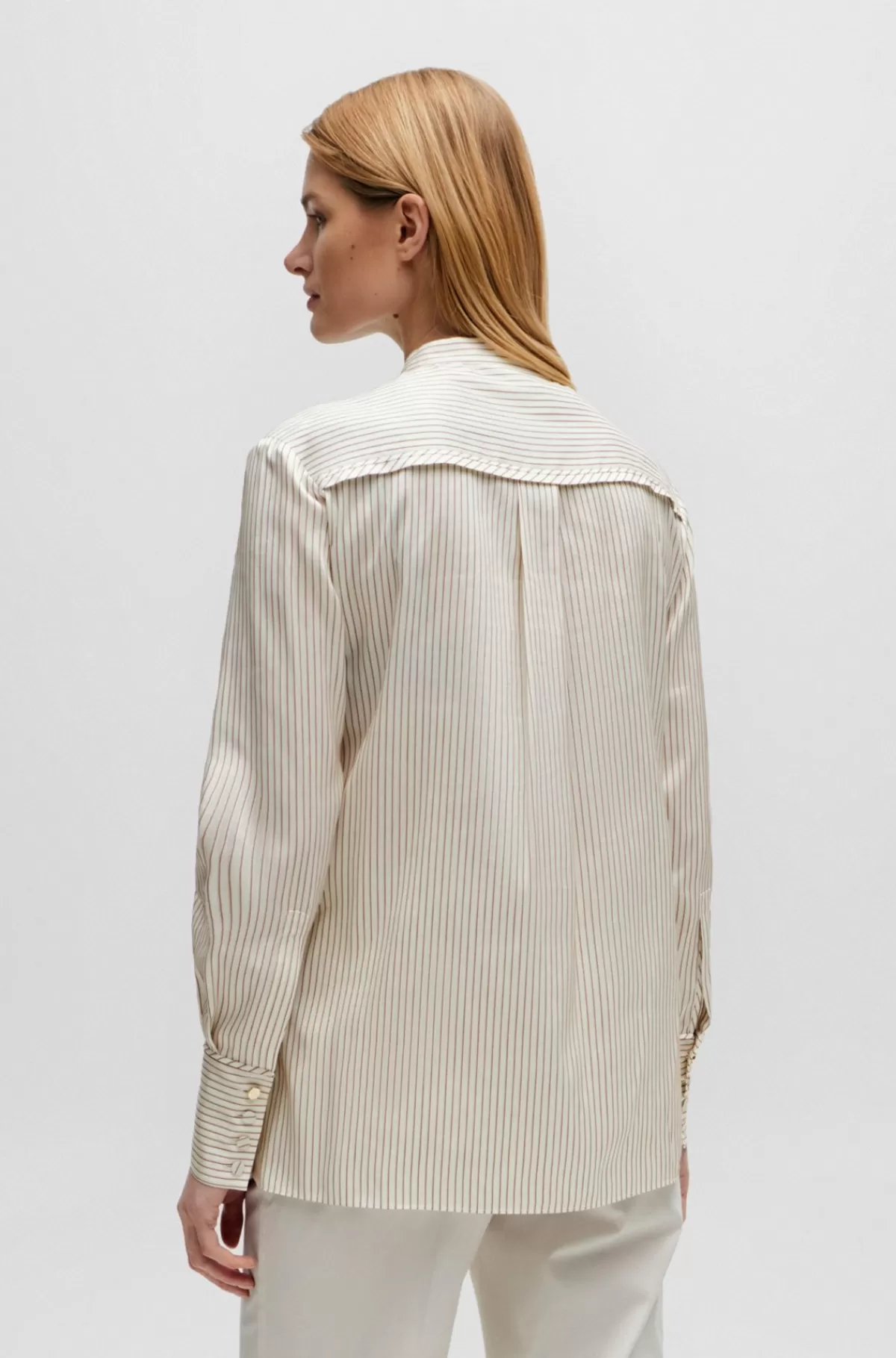 HUGO BOSS Relaxed Fit Skjorte I Stribet Silke Og Bomuld Lys beige Outlet