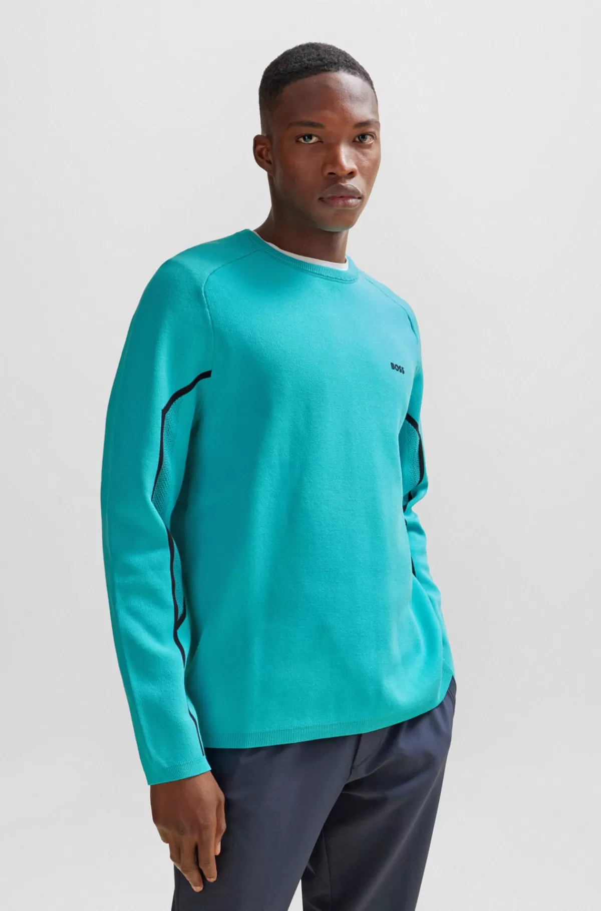 HUGO BOSS Relaxed Fit Sweater I Ribstrikket ærmekant I Gradueret Jacquard Turkis Cheap