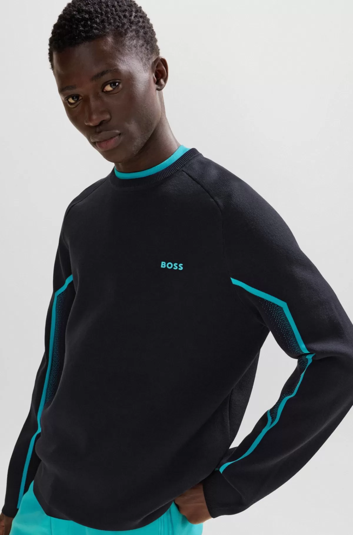HUGO BOSS Relaxed Fit Sweater I Ribstrikket ærmekant I Gradueret Jacquard Mørkeblå Flash Sale