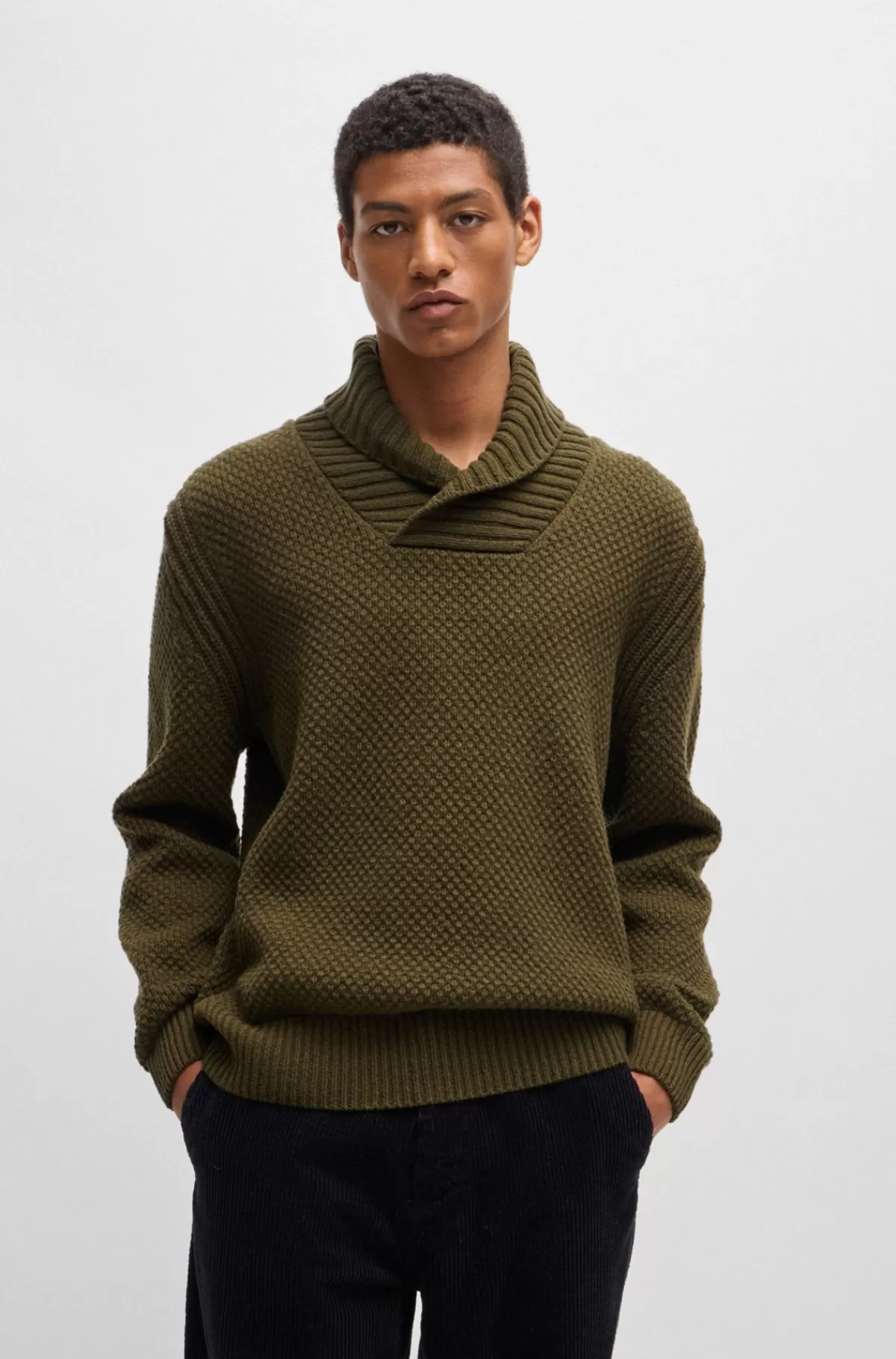 HUGO BOSS Relaxed Fit Sweater I Uldblanding Med Sjalskrave Mørkebrun Cheap
