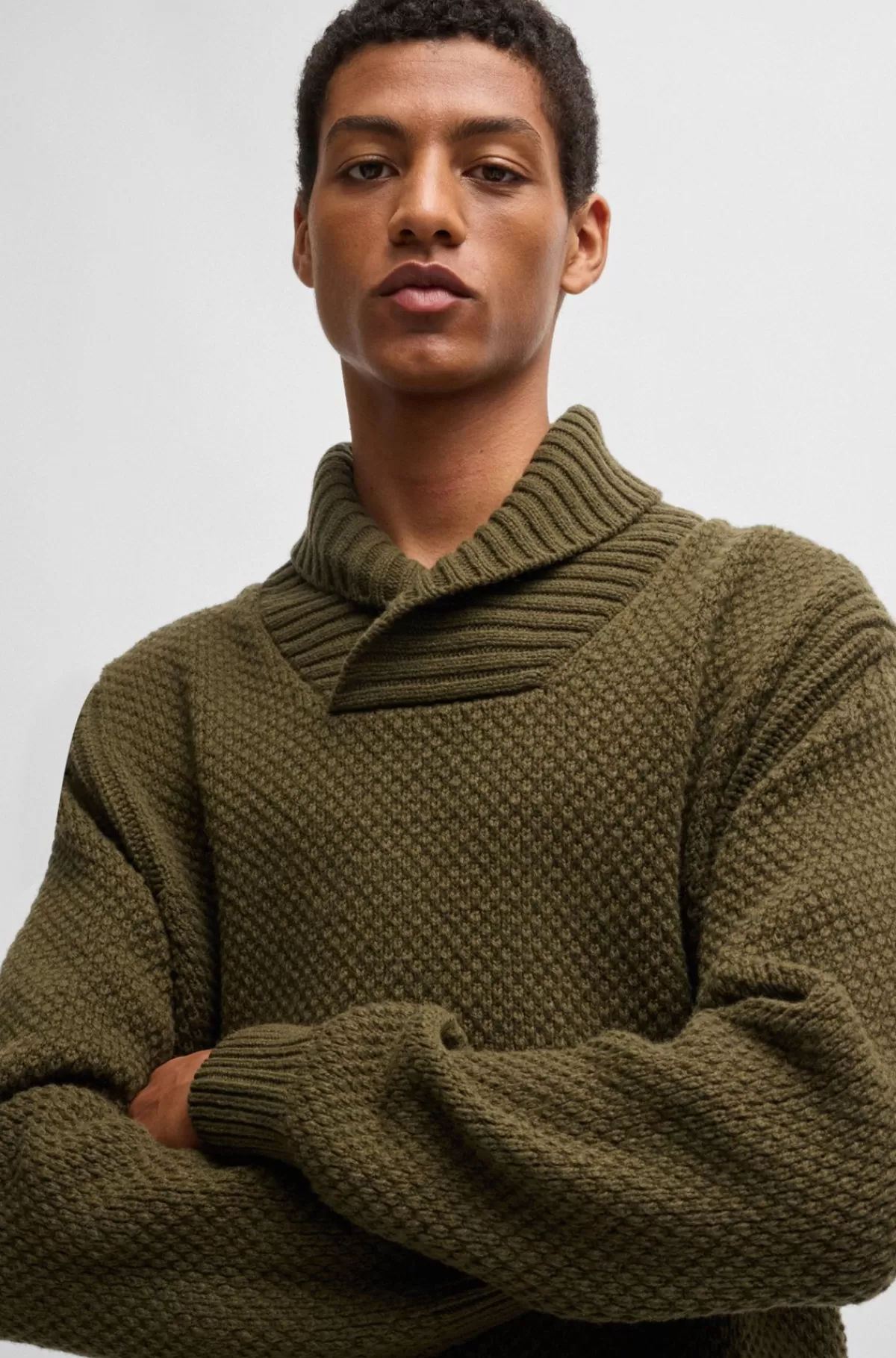 HUGO BOSS Relaxed Fit Sweater I Uldblanding Med Sjalskrave Mørkebrun Cheap