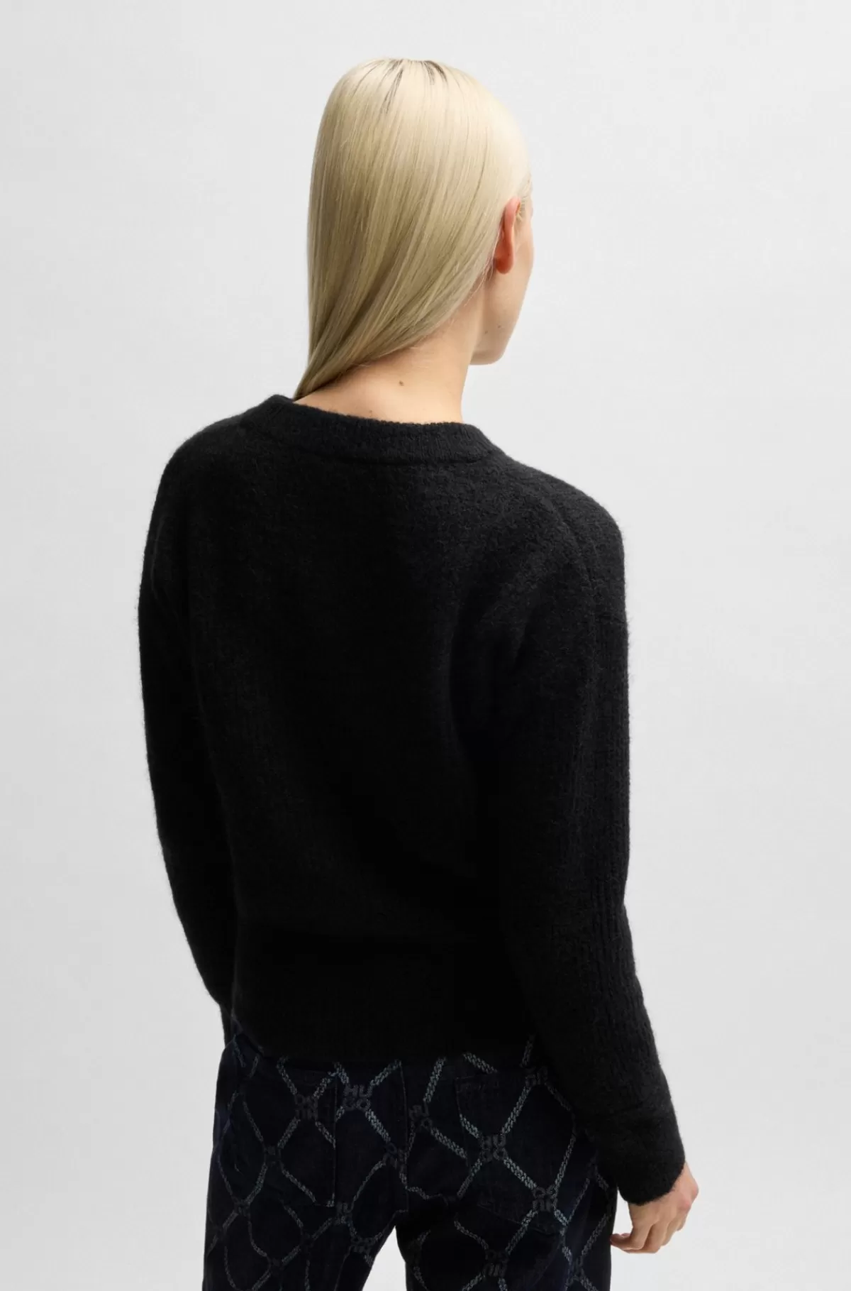 HUGO BOSS Relaxed Fit Sweater Med Strikket Kædemønster Sort Flash Sale