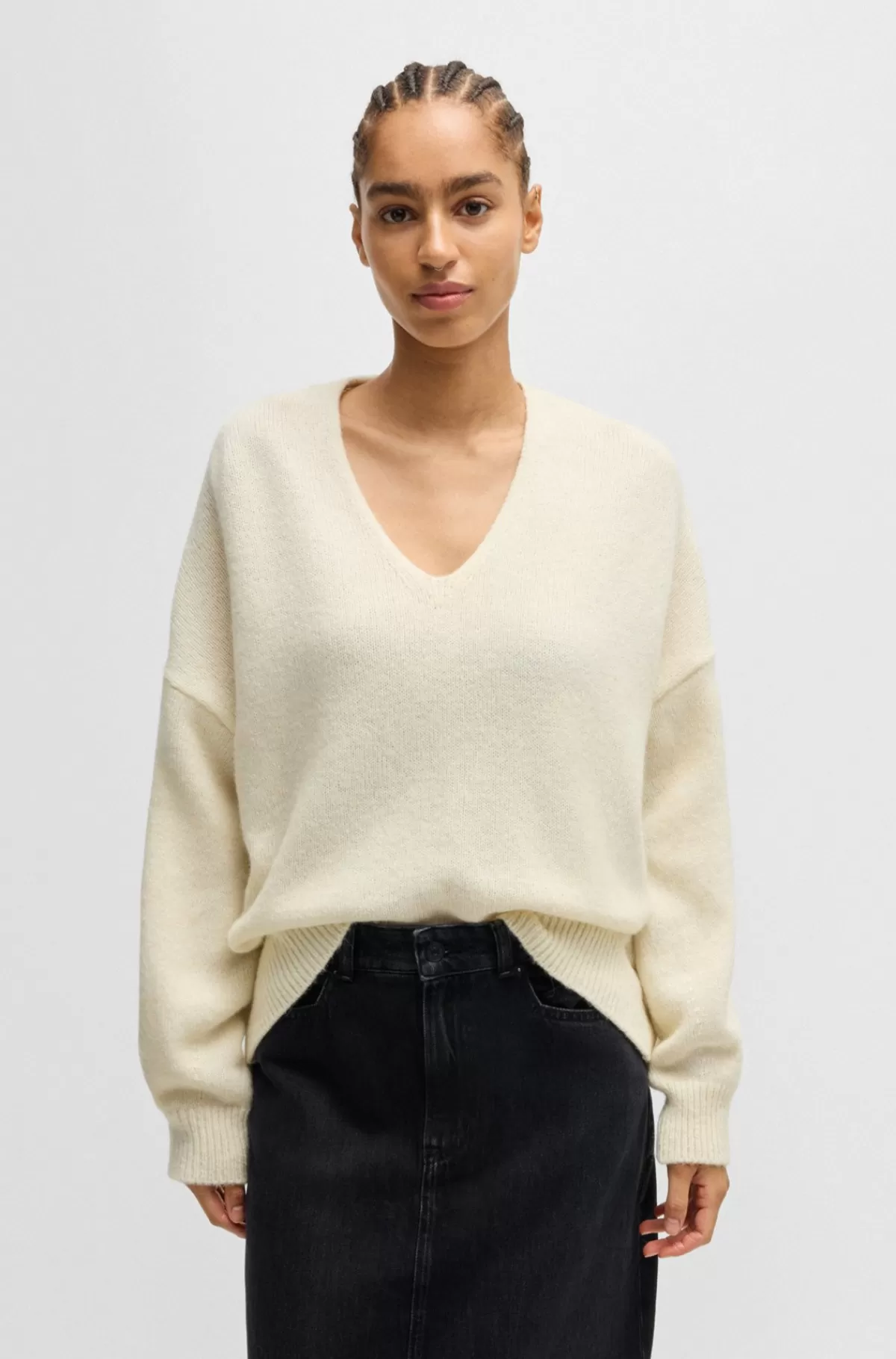 HUGO BOSS Relaxed Fit Sweater Med V-hals Naturlig Cheap