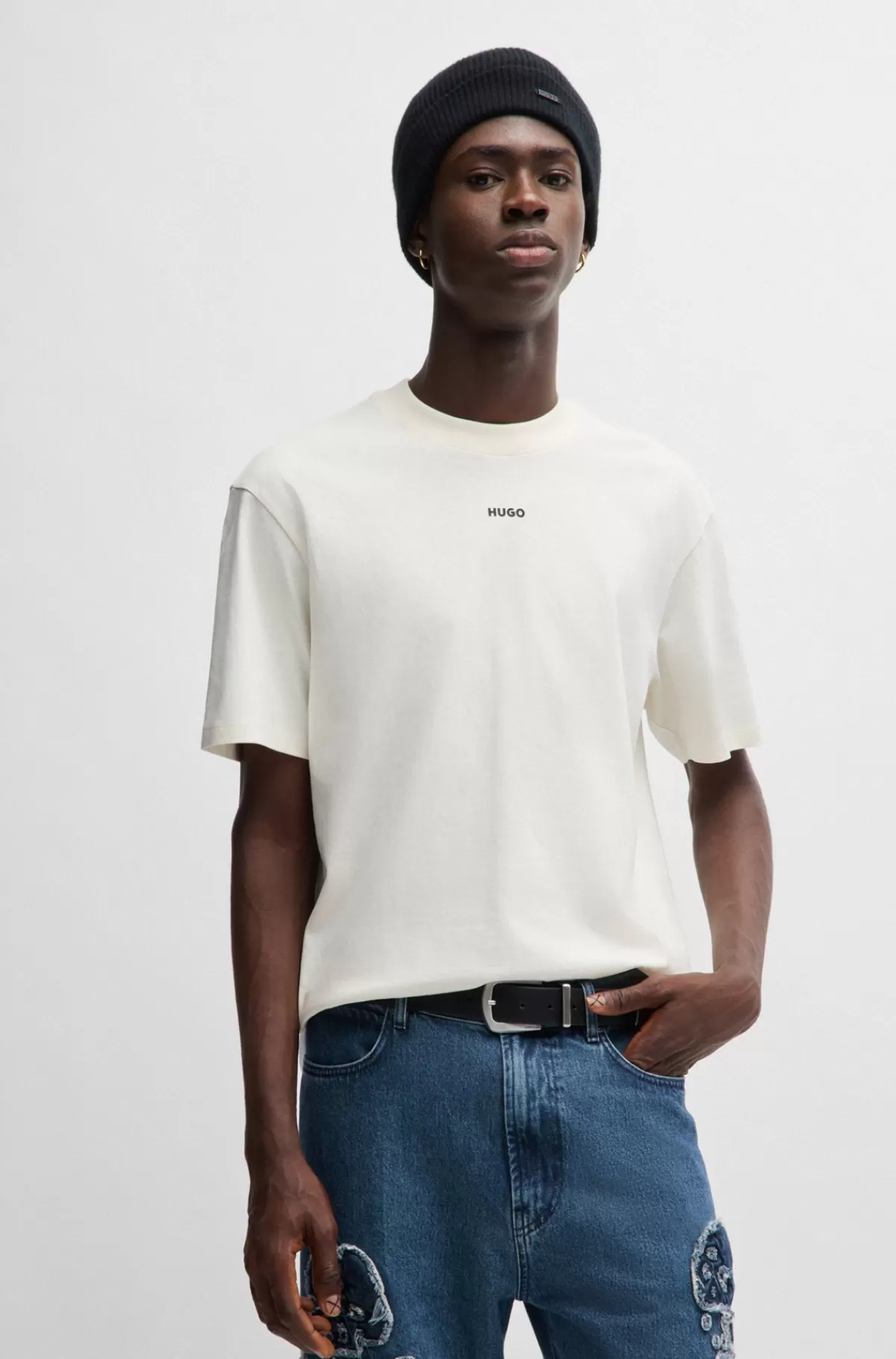 HUGO BOSS Relaxed Fit T-shirt I Bomuld Med Logoprint Naturlig Cheap