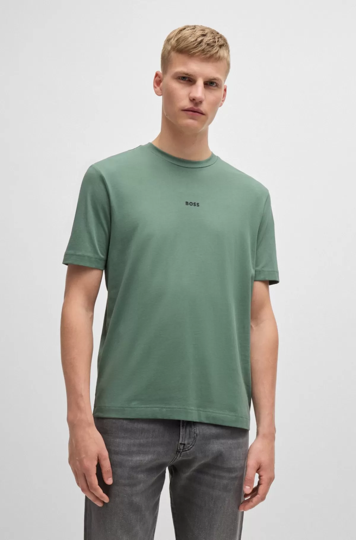 HUGO BOSS Relaxed Fit T-shirt I Bomuld Med Stræk Og Logoprint Grøn Clearance