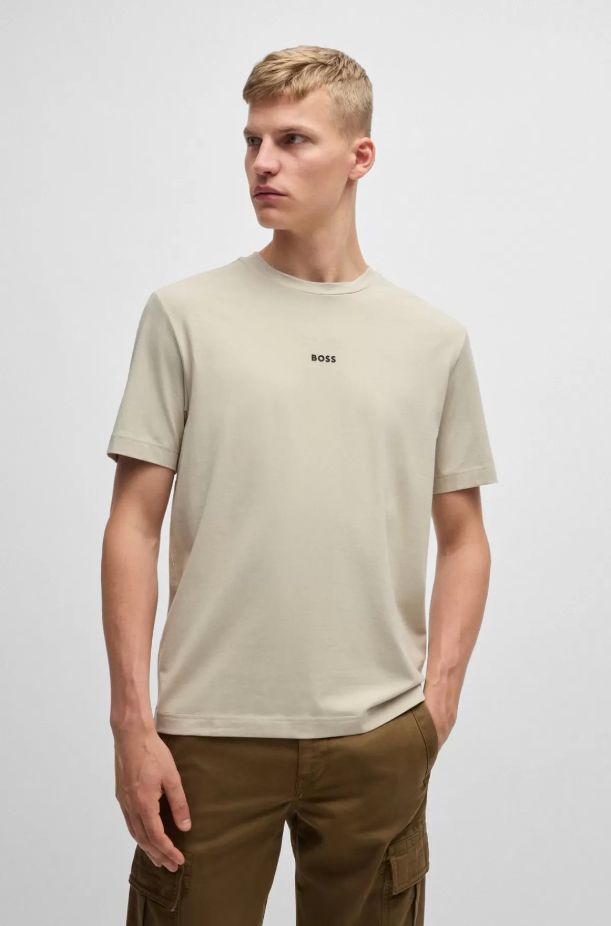 HUGO BOSS Relaxed Fit T-shirt I Bomuld Med Stræk Og Logoprint Naturlig Hot