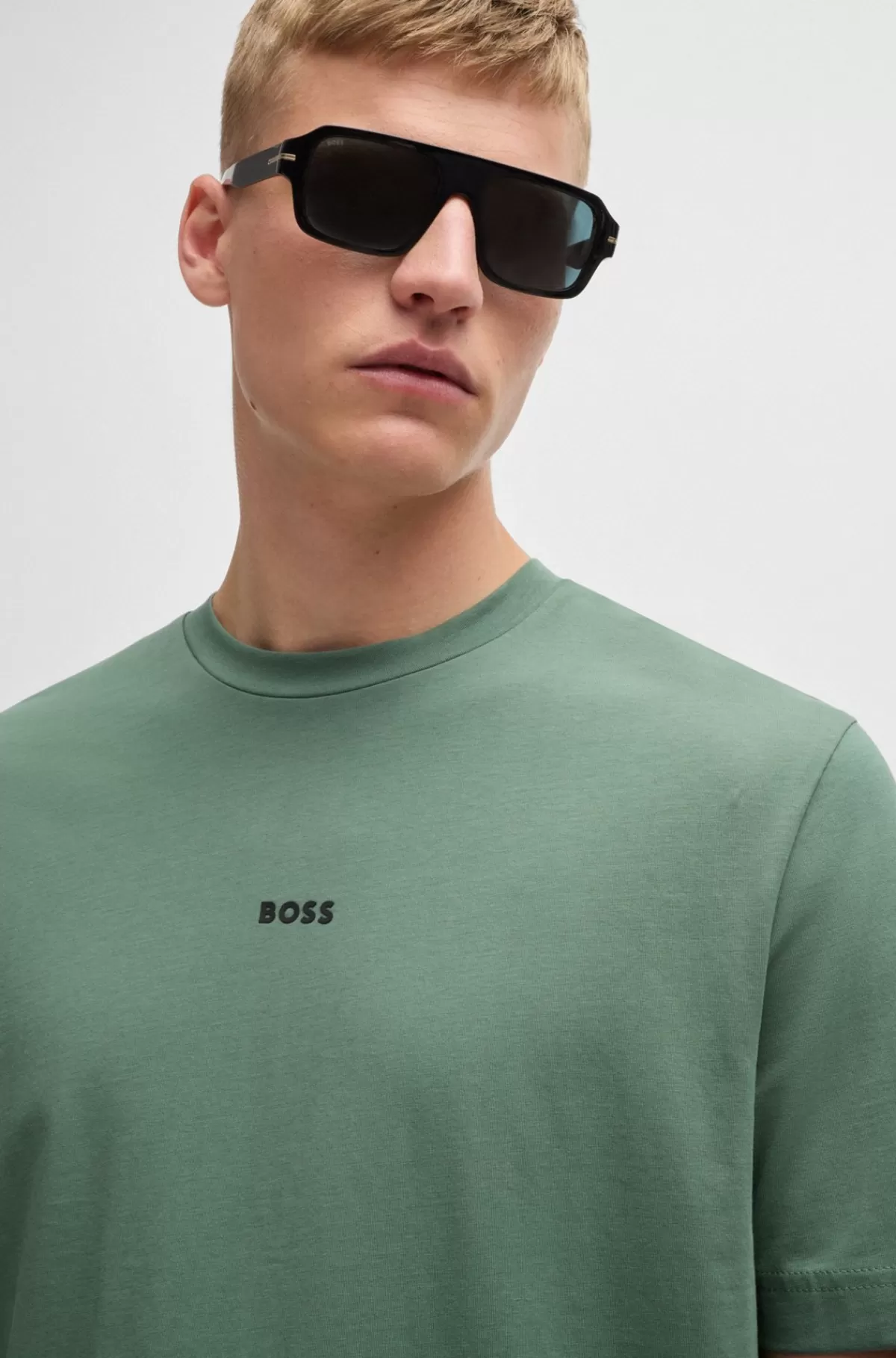HUGO BOSS Relaxed Fit T-shirt I Bomuld Med Stræk Og Logoprint Grøn Clearance