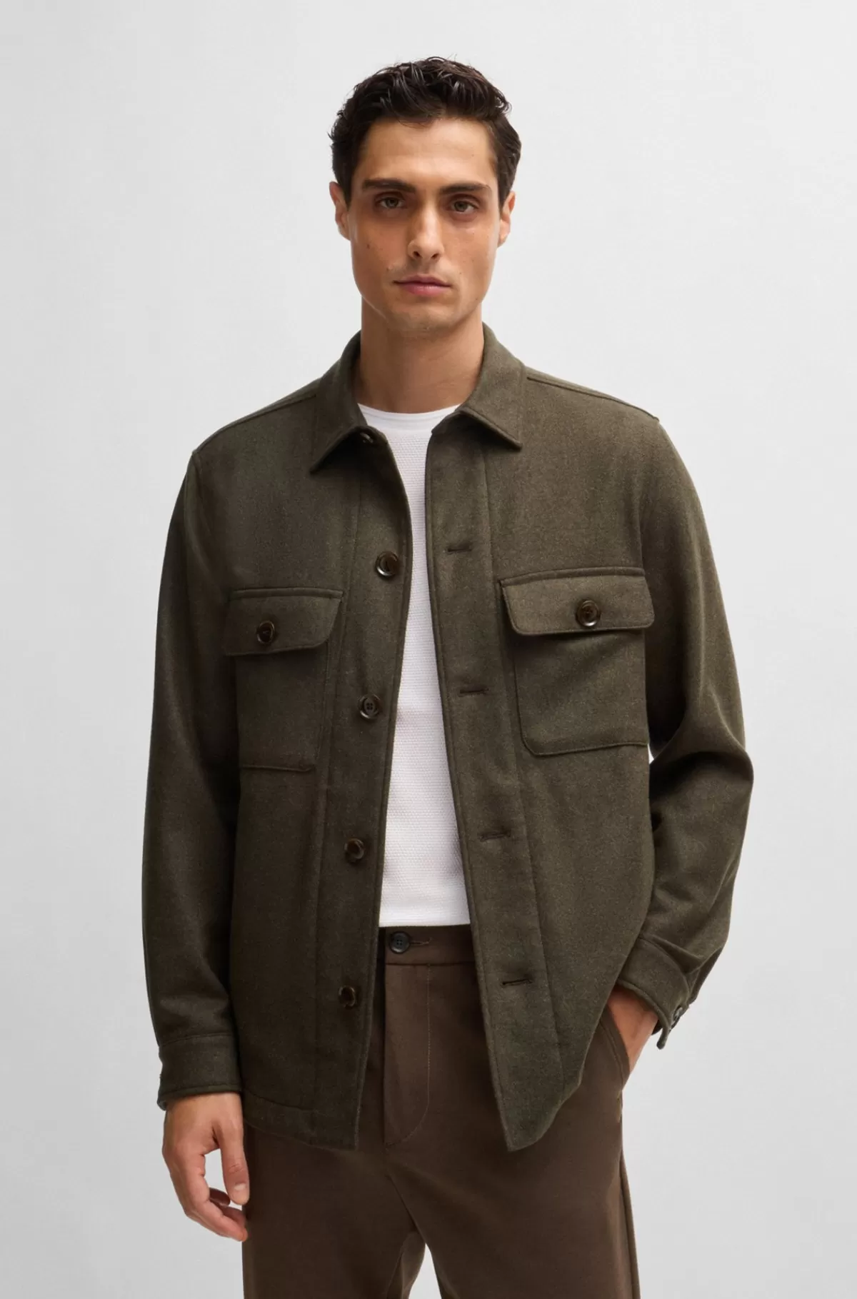 HUGO BOSS Relaxed Fit Yderskjorte I Uldblanding Grøn Discount