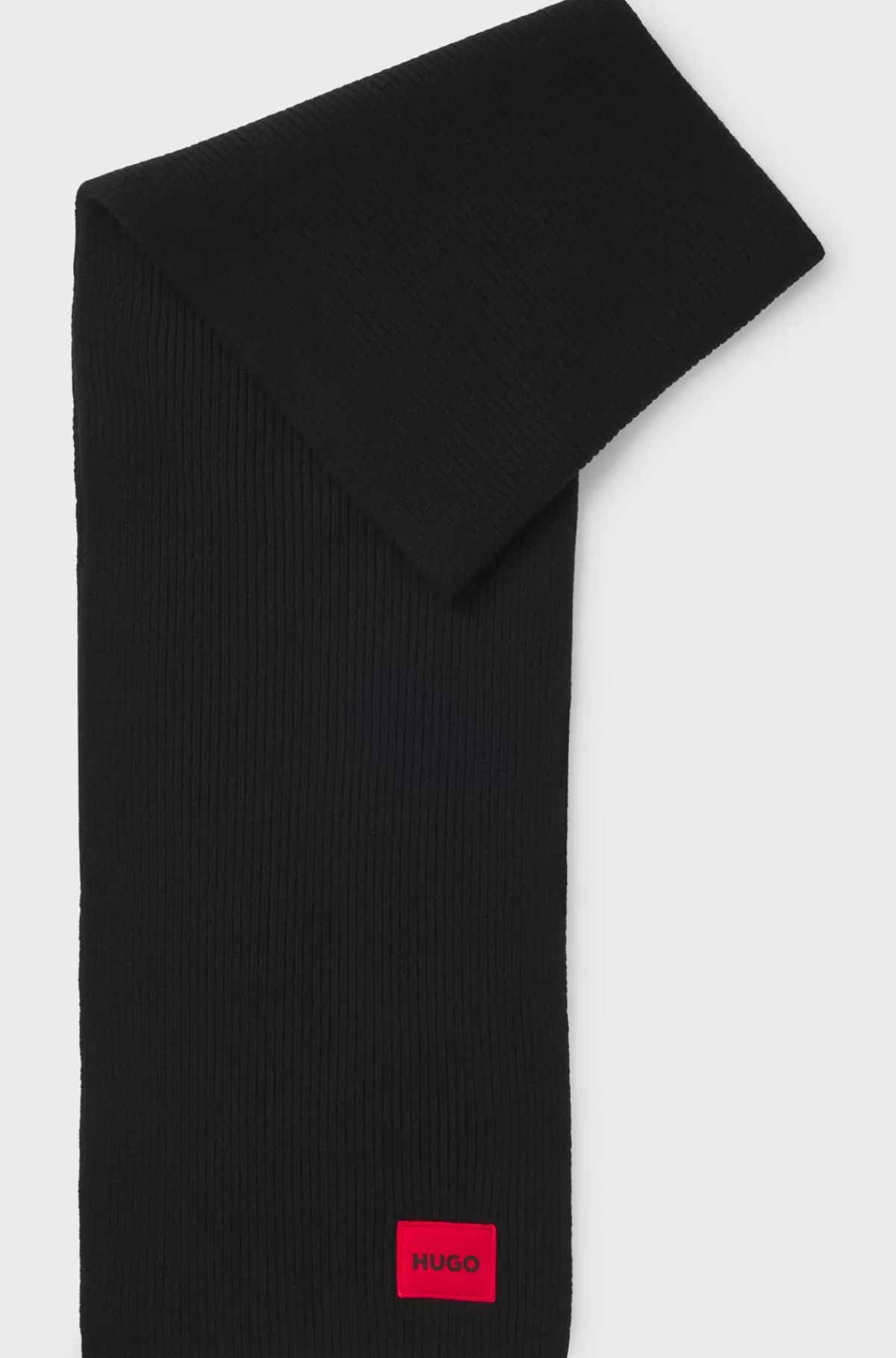 HUGO BOSS Ribstrikket Halstørklæde I Uldblanding Med Rødt Logomærkat Sort New