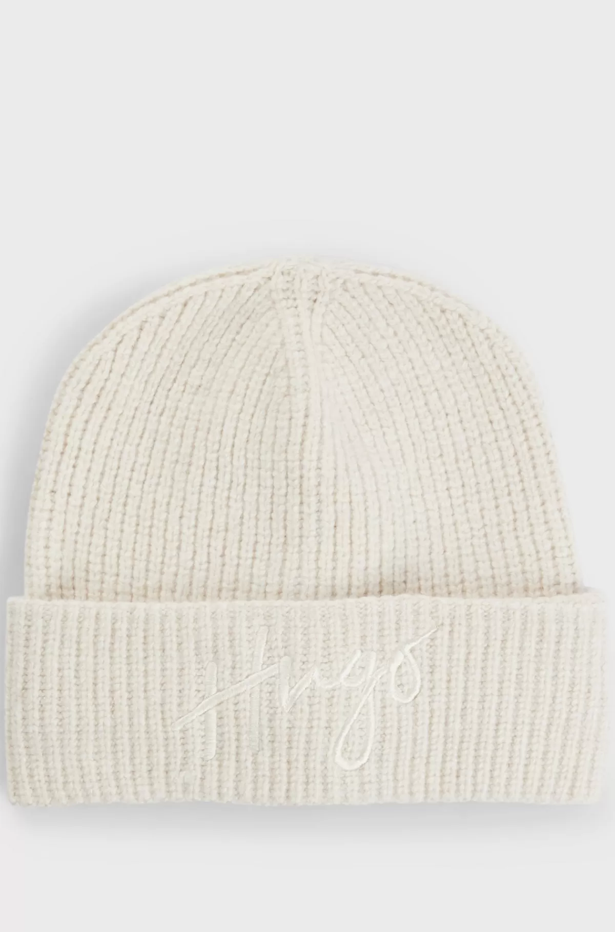 HUGO BOSS Ribstrikket Hue Med Broderet Håndskrevet Logo Naturlig Sale