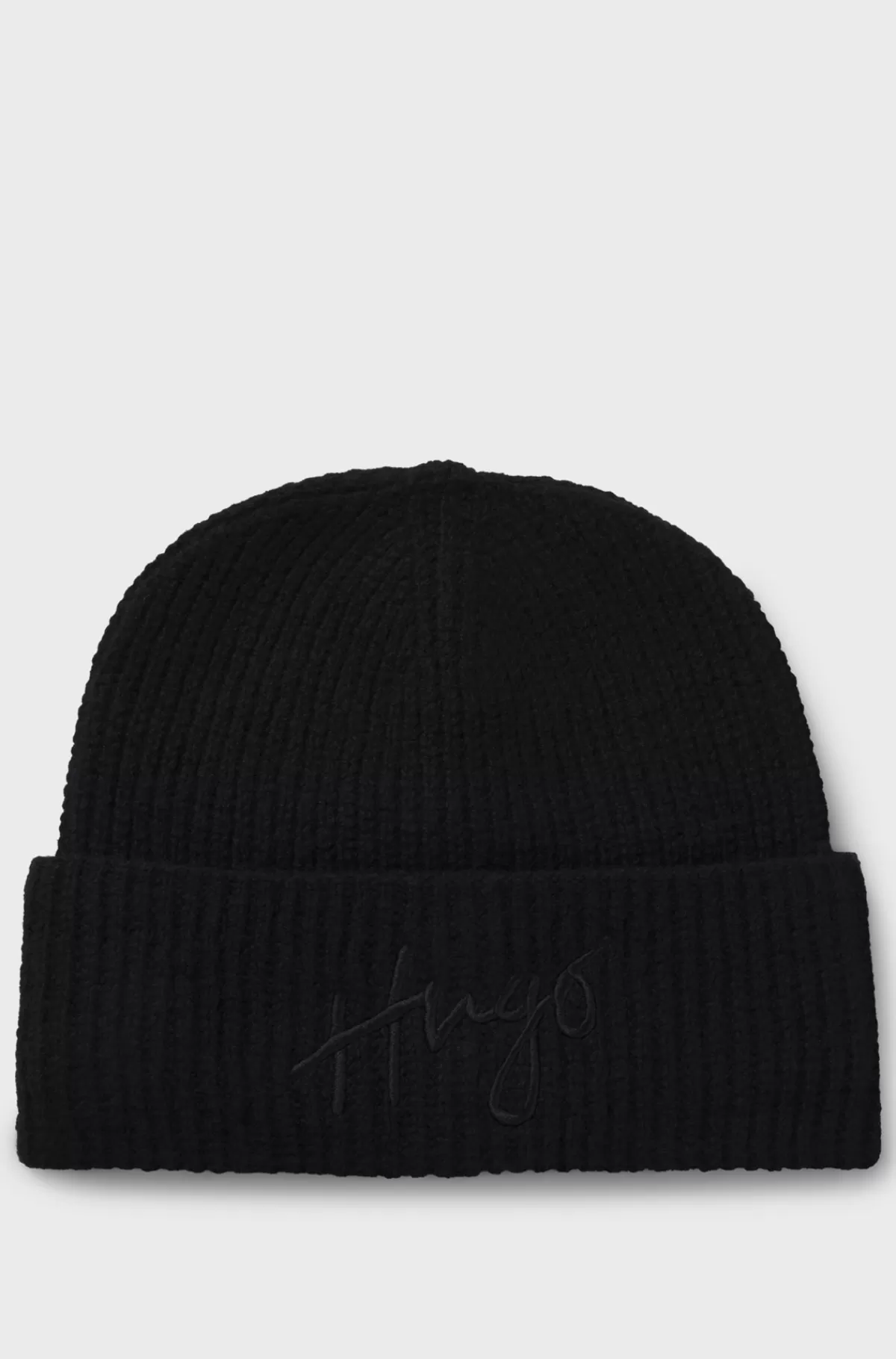 HUGO BOSS Ribstrikket Hue Med Broderet Håndskrevet Logo Sort Best Sale