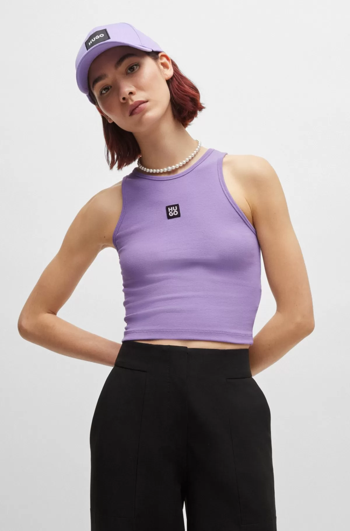 HUGO BOSS Ribstrikket Pyjamasvest I Bomuld Med Stræk Og Stablet Logo Lilla Hot