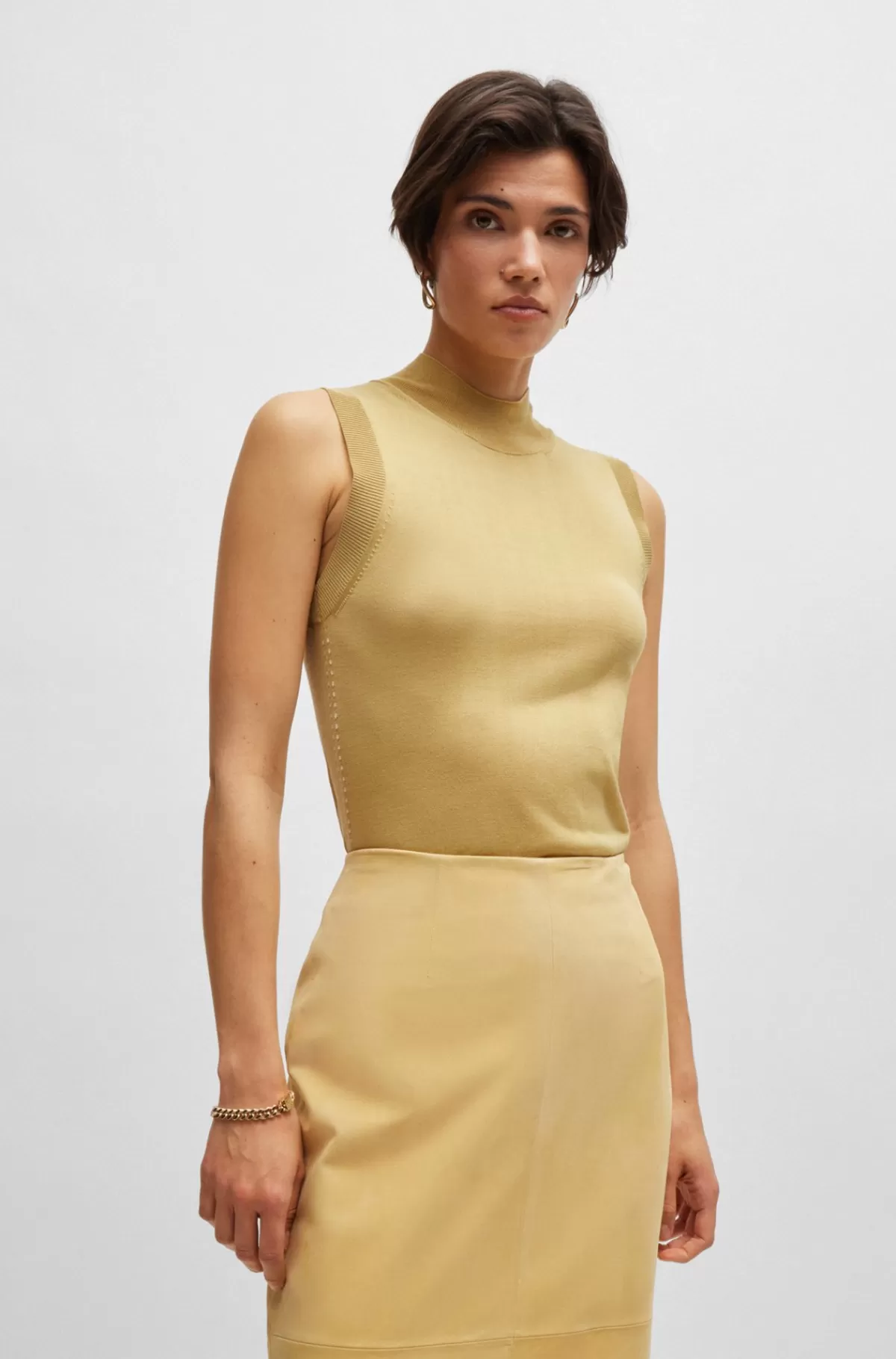 HUGO BOSS Ærmeløs Top I Silke Med Høj Hals Gul Fashion