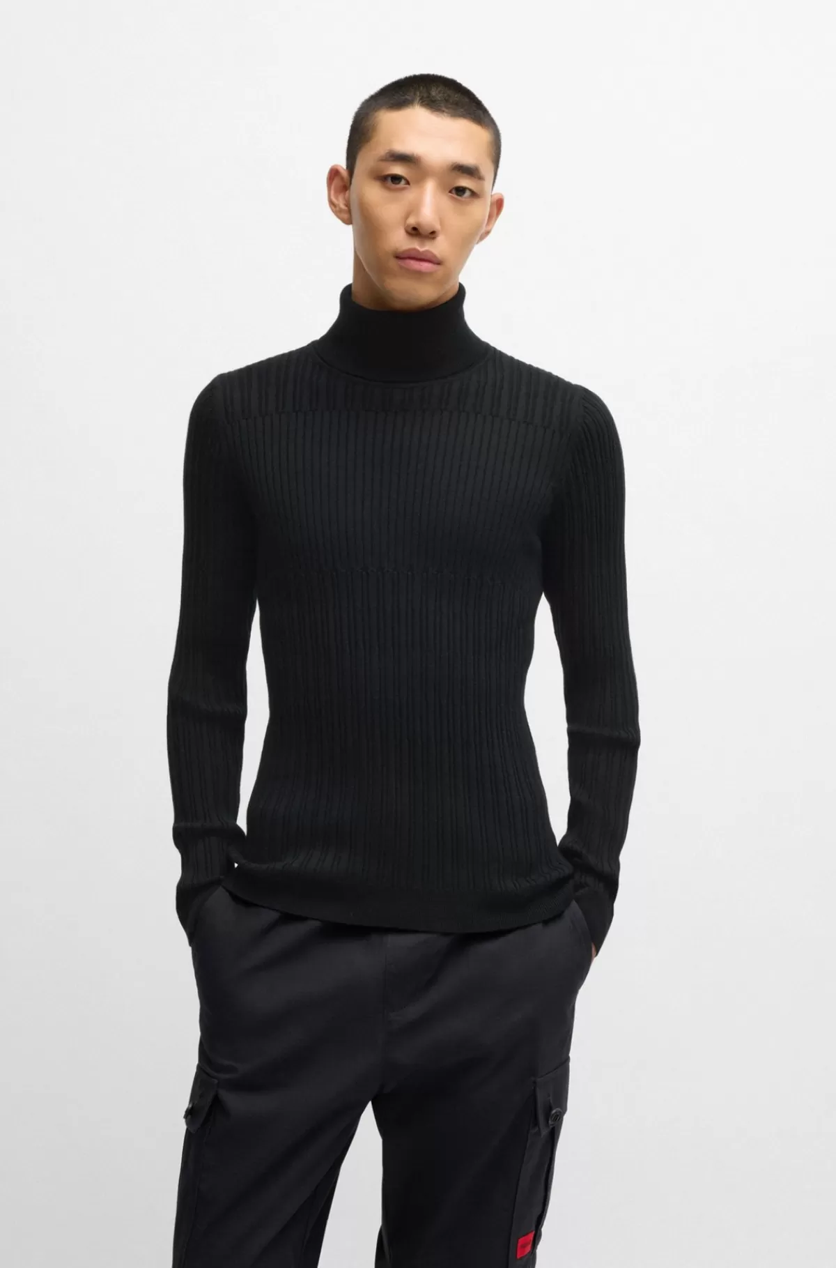 HUGO BOSS Rullekravesweater I Ribstrikket Bomuld Og Uld Sort Flash Sale