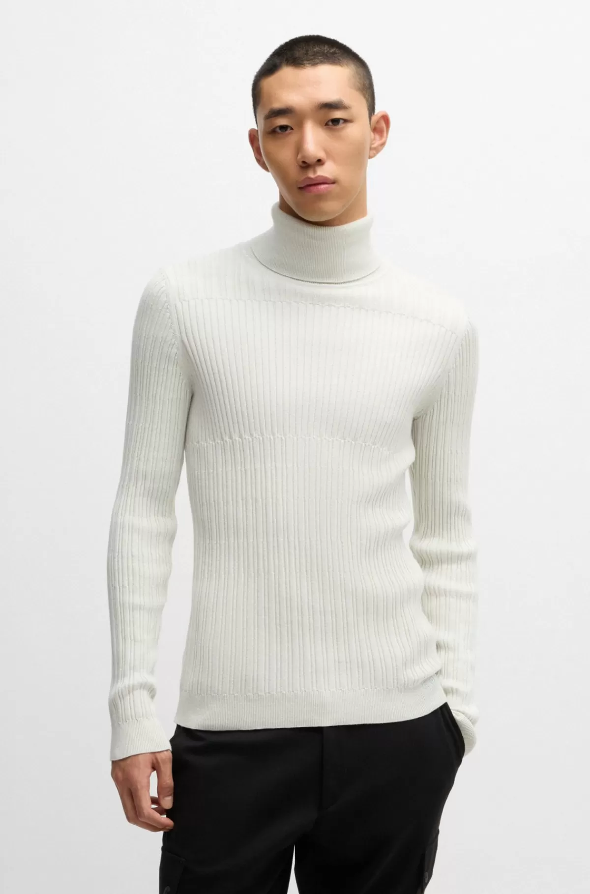 HUGO BOSS Rullekravesweater I Ribstrikket Bomuld Og Uld Naturlig Sale