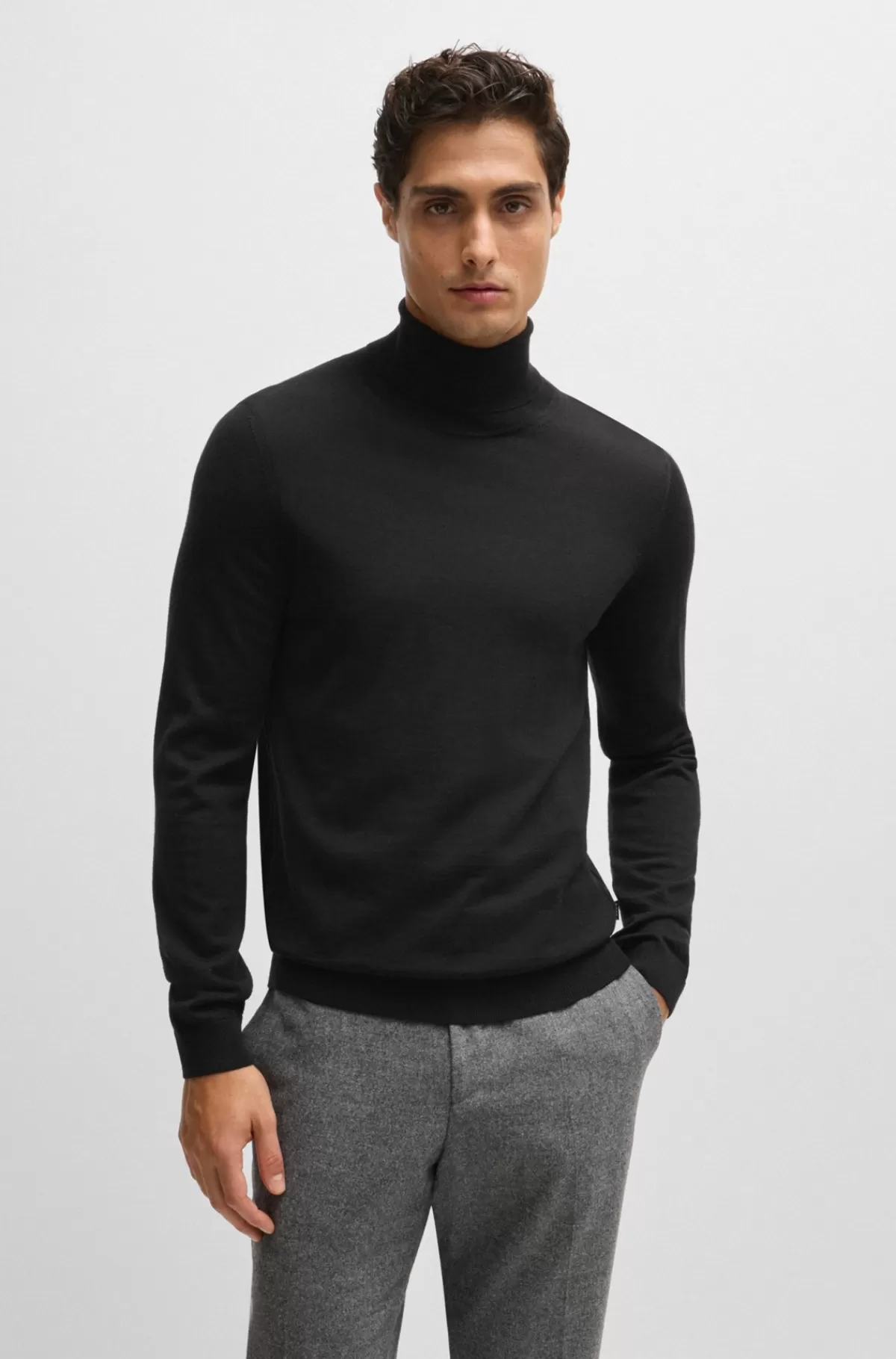 HUGO BOSS Rullekravesweater Med Slim Fit I Ny Uld Sort Discount