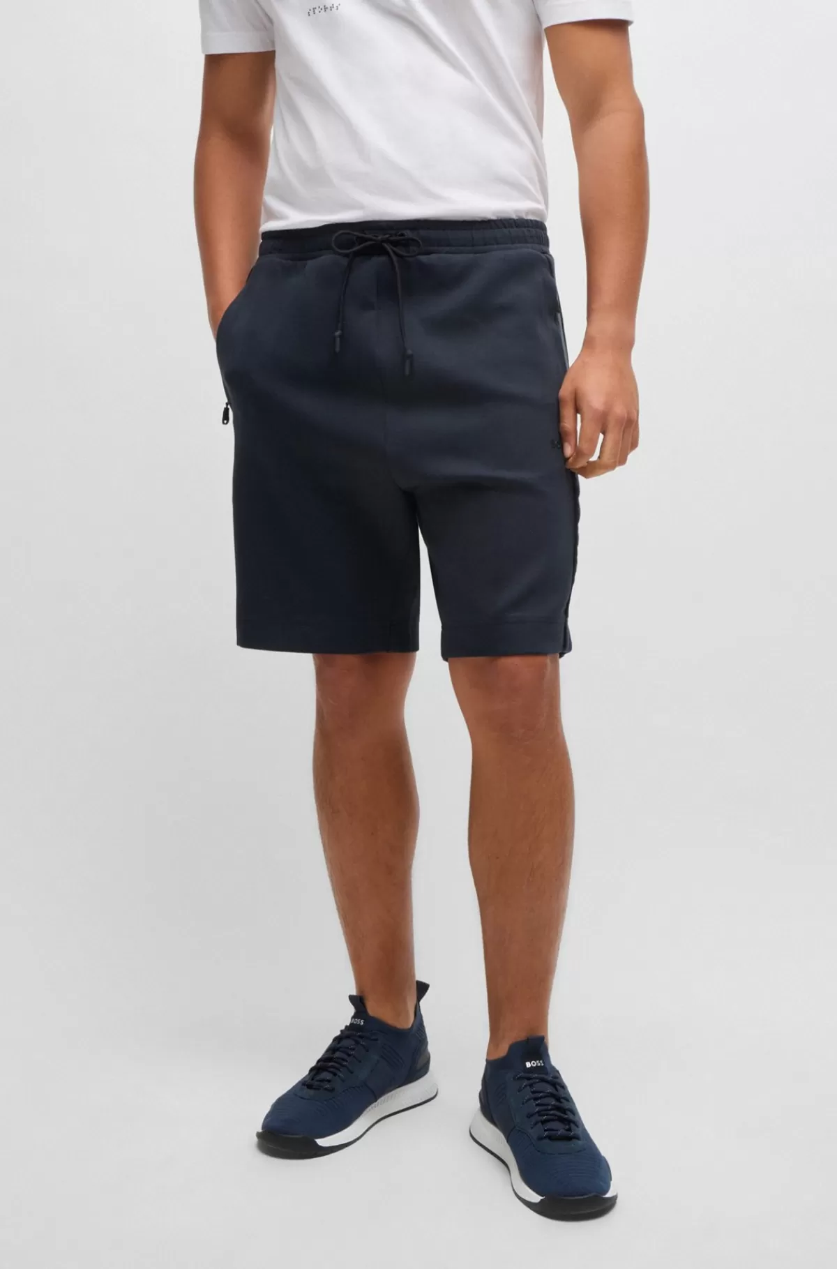 HUGO BOSS Shorts I Bomuld Med Stræk Og En Præget Grafik Mørkeblå Outlet