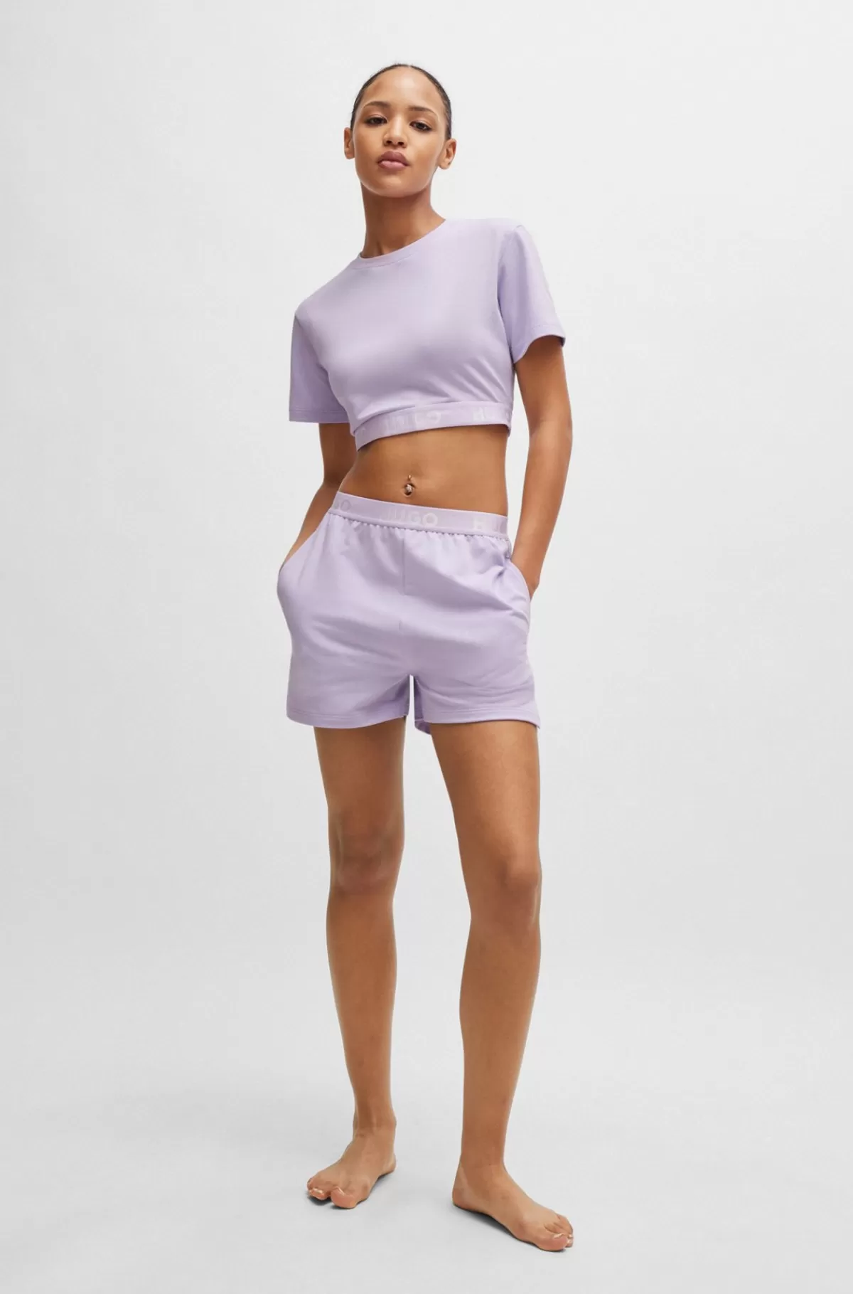 HUGO BOSS Shorts I Bomuldsblandet Frotté Med Logolinning Lyslilla Flash Sale