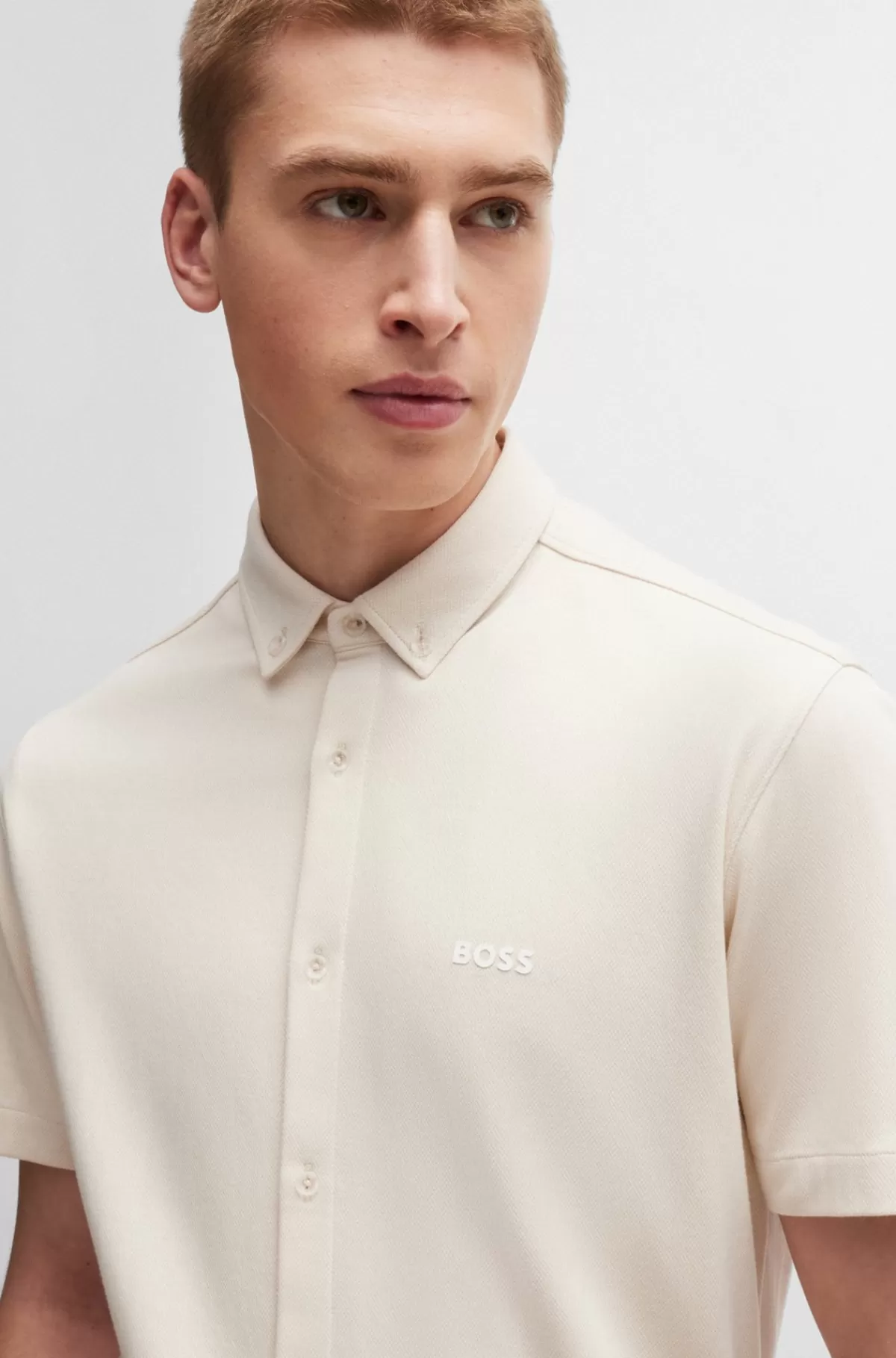 HUGO BOSS Skjorte Med Regular Fit I Strikket Strygelet Bomuld Hvid Discount