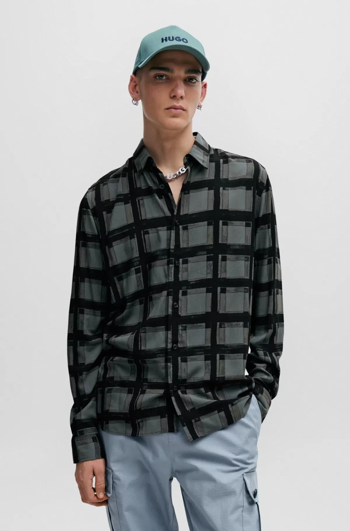 HUGO BOSS Skjorte Med Relaxed Fit Og Gennemgående, Abstrakt Print Mørkegrå Best Sale