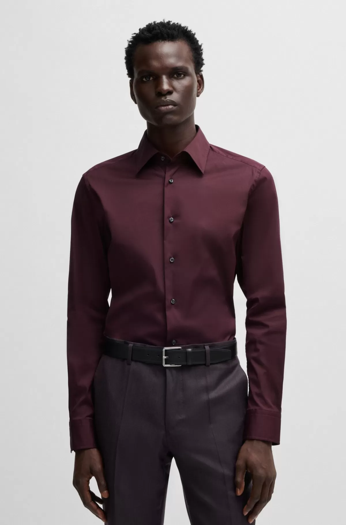HUGO BOSS Skjorte Med Slim Fit I Bomuldsblanding Med Stræk Mørklilla Outlet