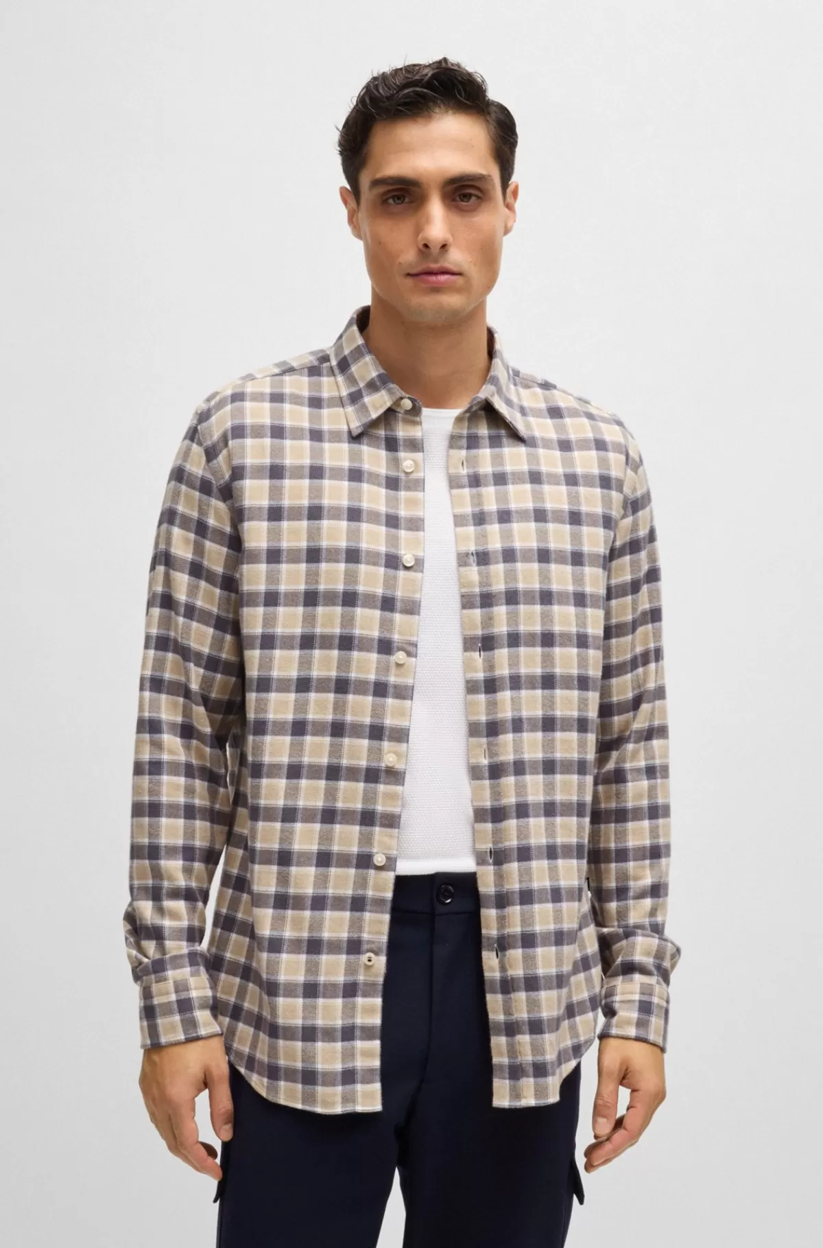 HUGO BOSS Skjorte Med Slim Fit I Ternet Bomuldsflannel Lys beige New