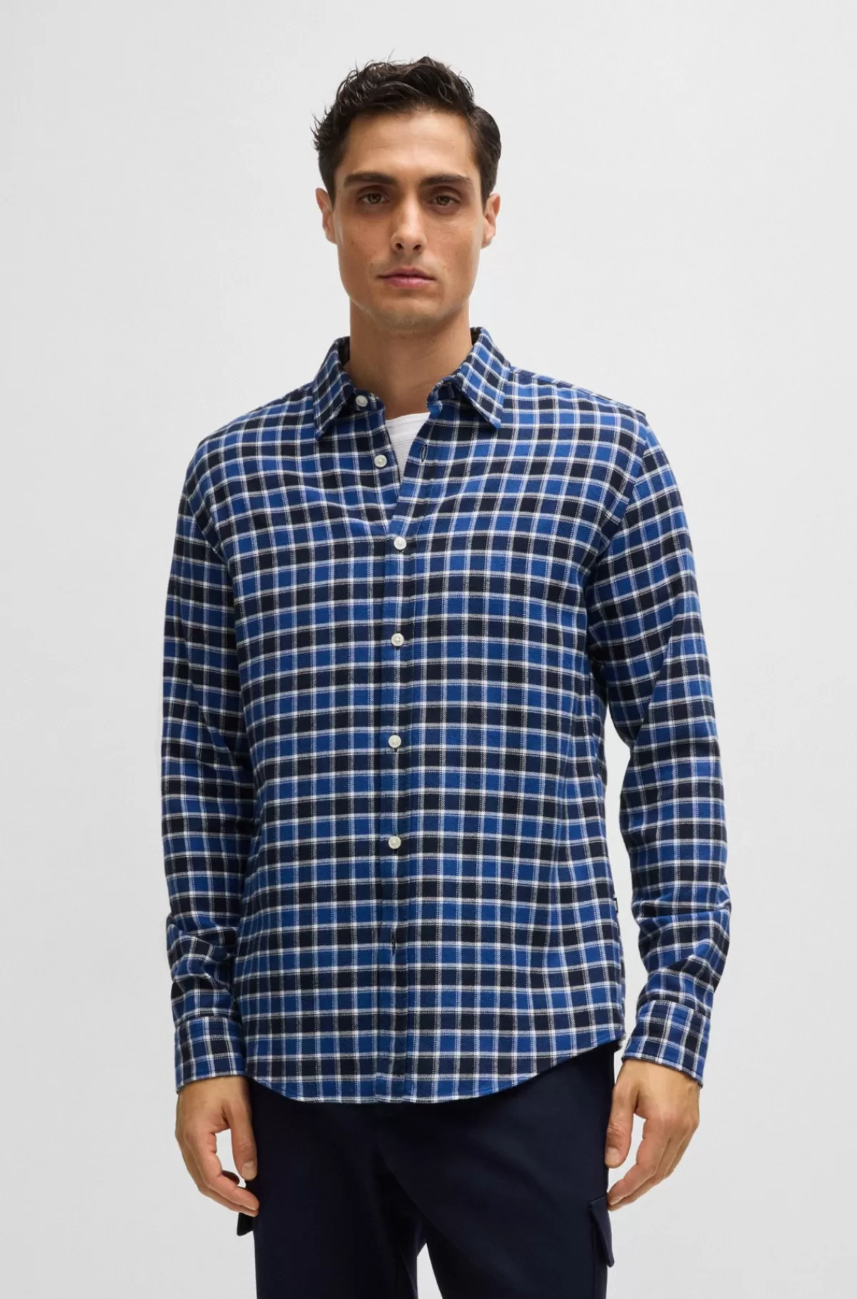 HUGO BOSS Skjorte Med Slim Fit I Ternet Bomuldsflannel Blå Fashion