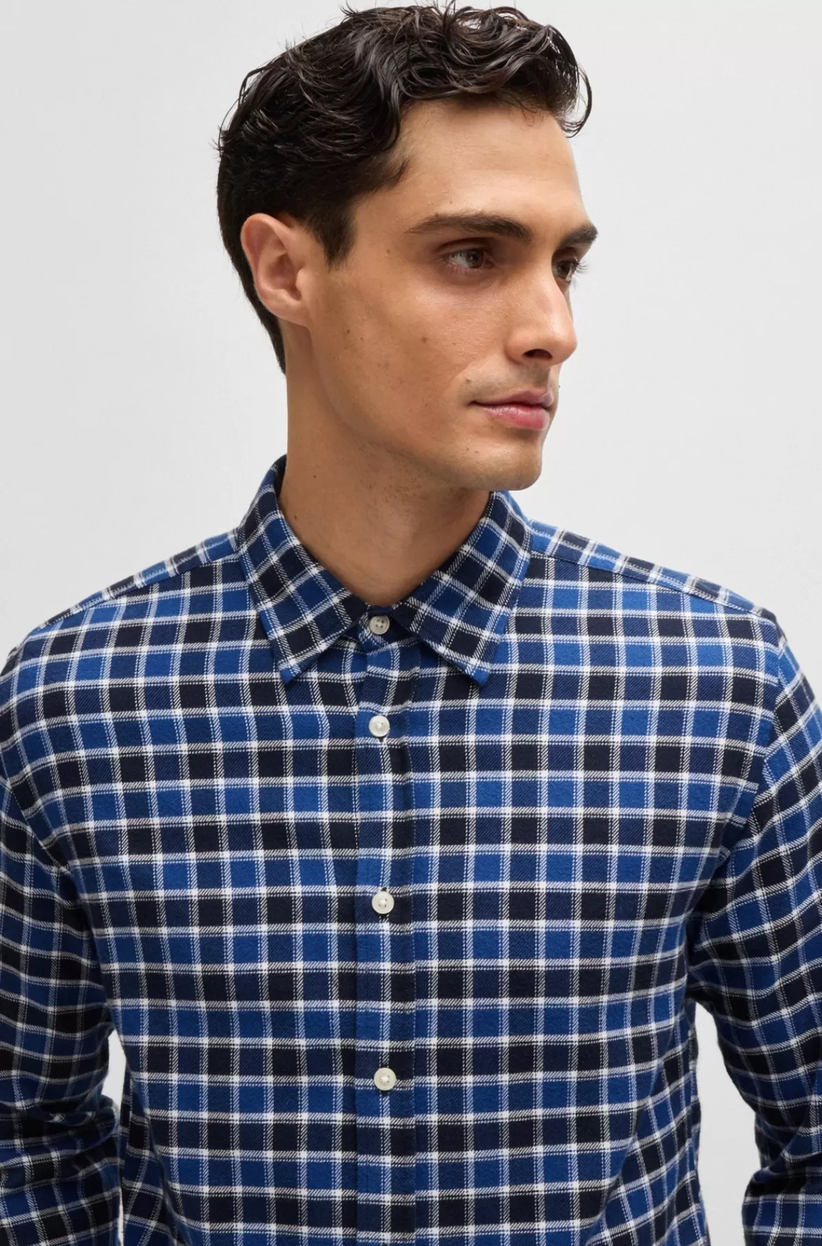 HUGO BOSS Skjorte Med Slim Fit I Ternet Bomuldsflannel Blå Fashion