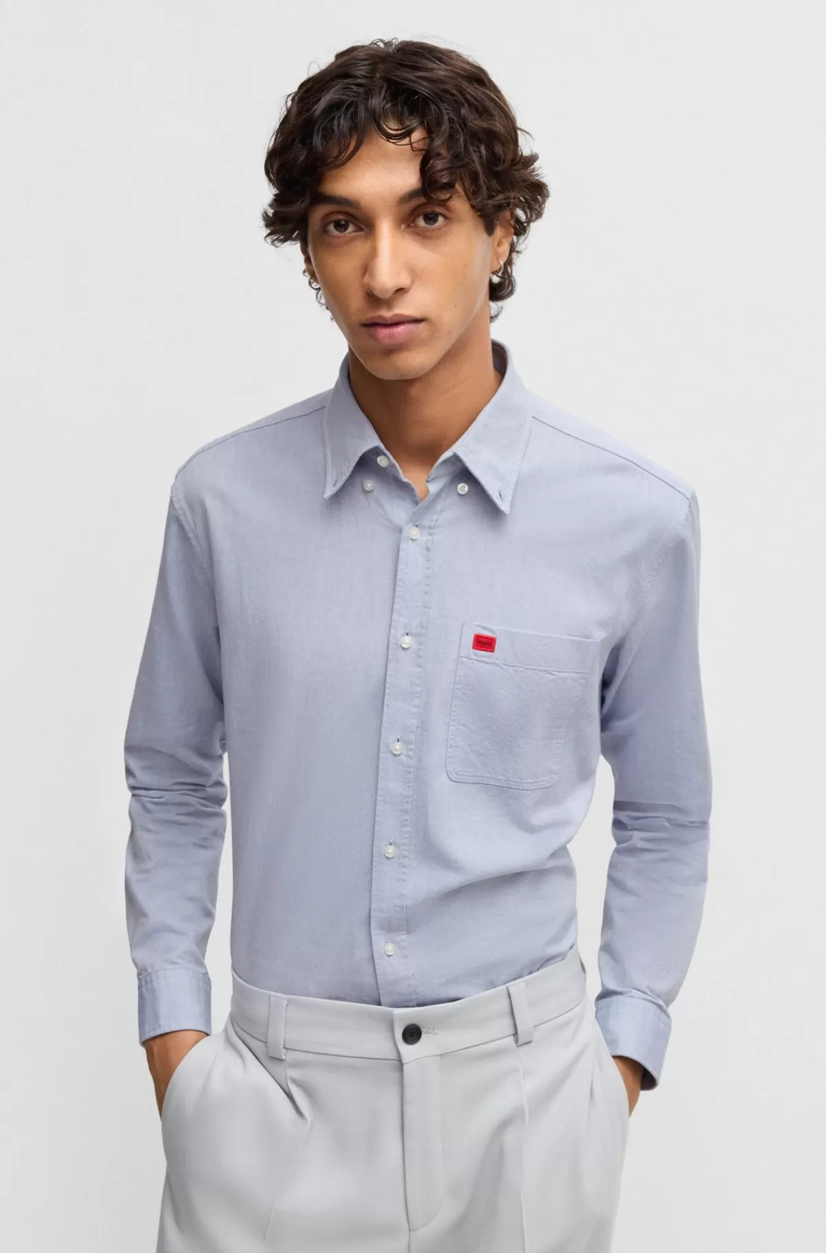HUGO BOSS Skjorte Med Slim Fit I Vasket Oxfordbomuld Lyseblå Cheap