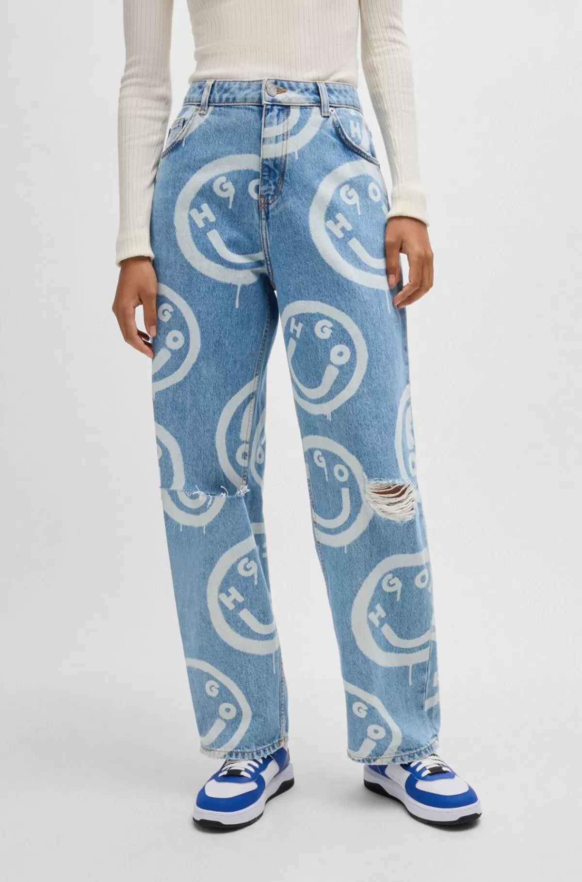 HUGO BOSS Slidte Baggy Fit Jeans Med Happy HUGO Logoer Mønstret Best