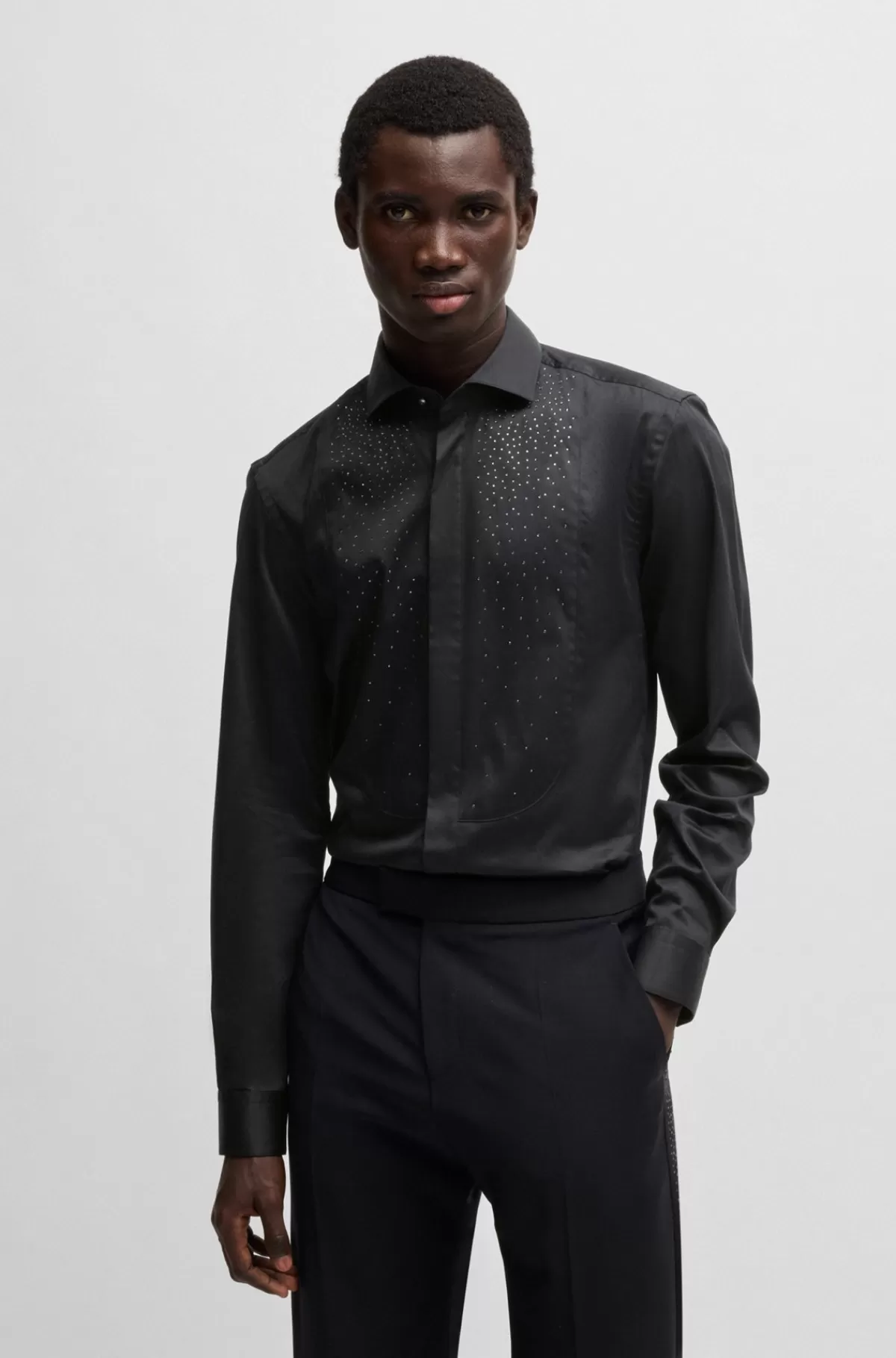 HUGO BOSS Slim Fit Aftenskjorte Med Udsmykket Skjortebryst Sort Cheap