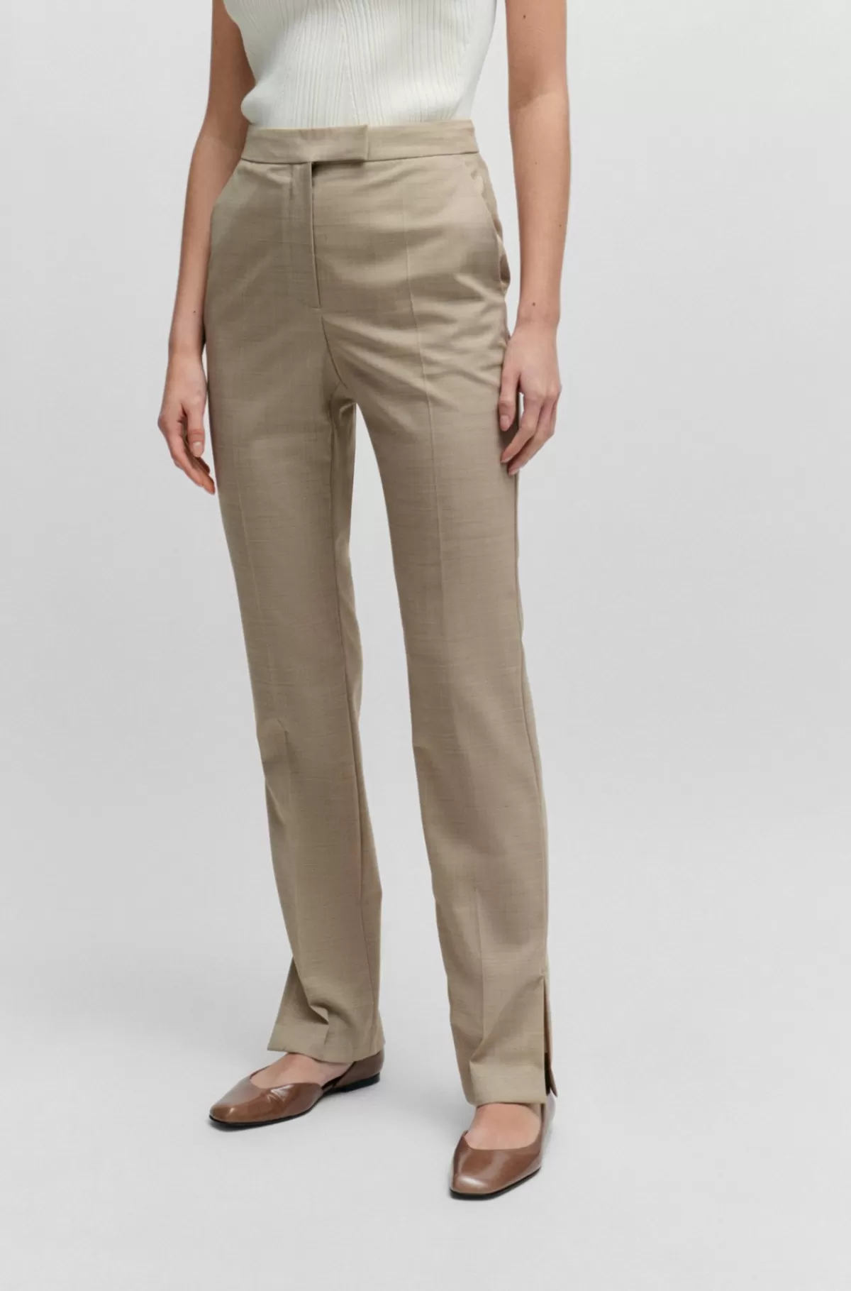 HUGO BOSS Slim Fit Bukser I Italiensk Sharkskin Af Ny Uld Beige mønstret Outlet