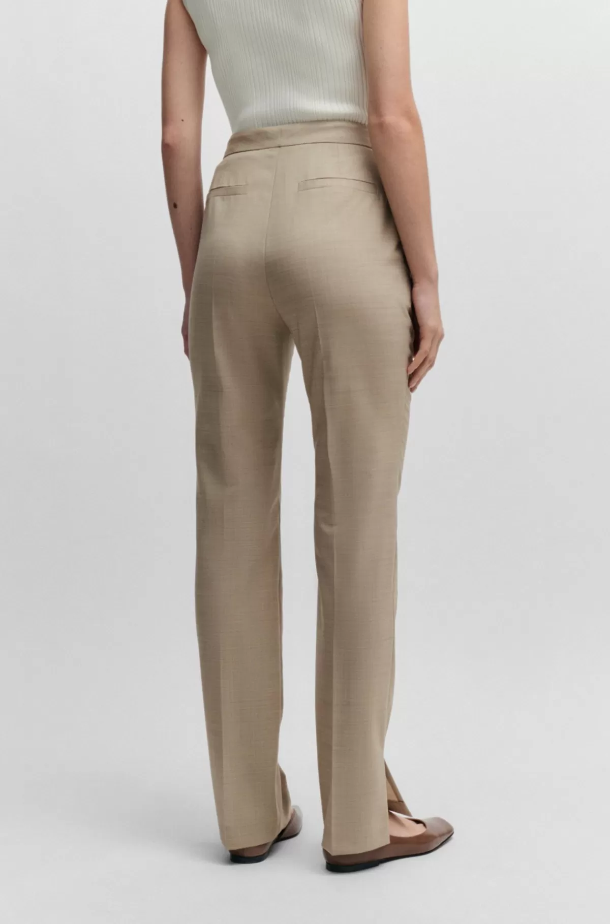HUGO BOSS Slim Fit Bukser I Italiensk Sharkskin Af Ny Uld Beige mønstret Outlet