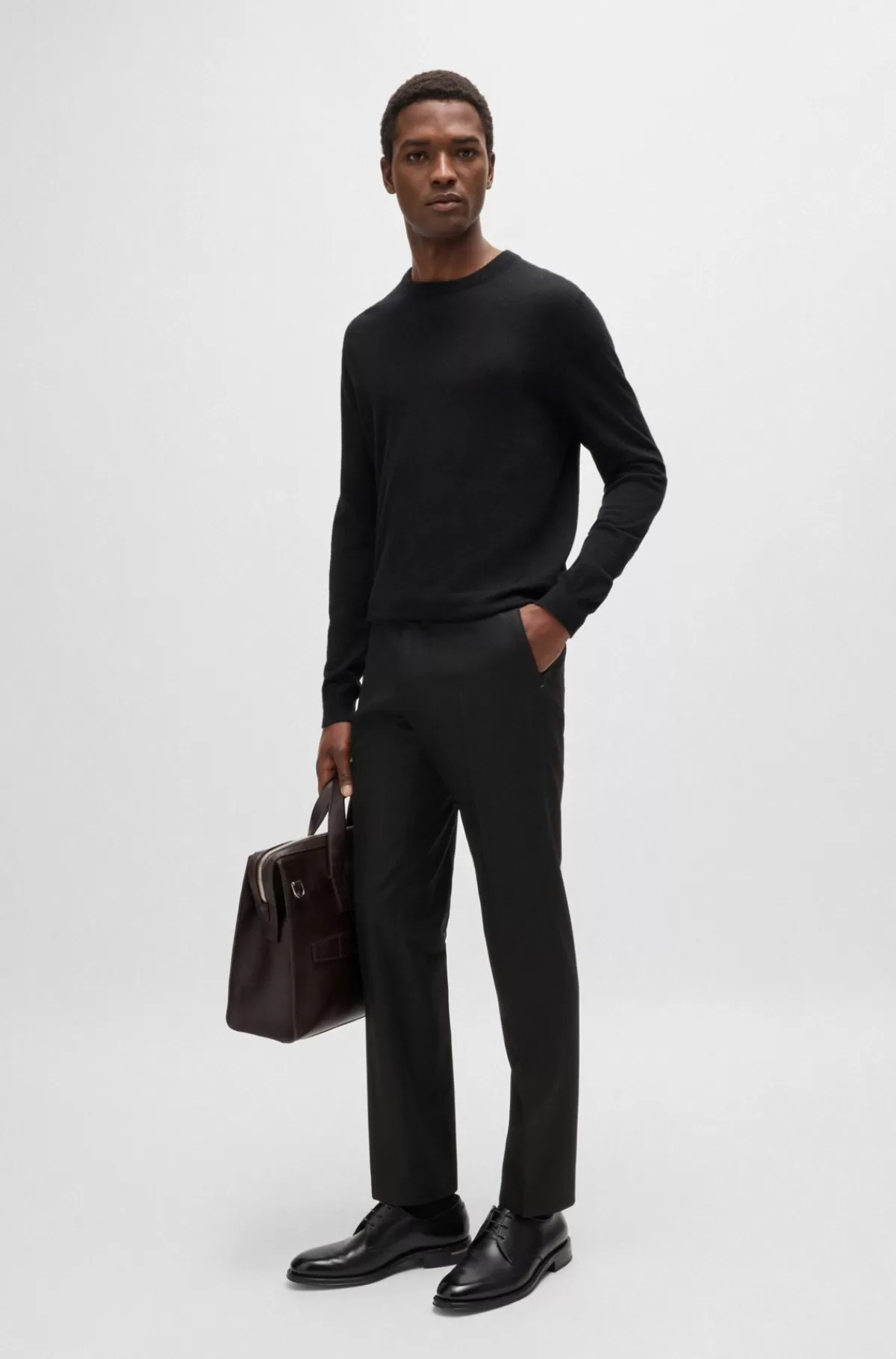 HUGO BOSS Slim Fit Bukser I Meleret Ny Uld Sort New