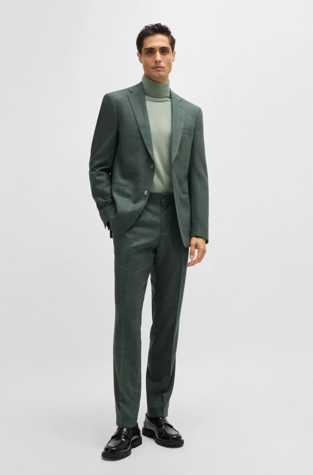 HUGO BOSS Slim Fit Jakkesæt I Uld Med Stræk Og Mikromønster Grøn Discount