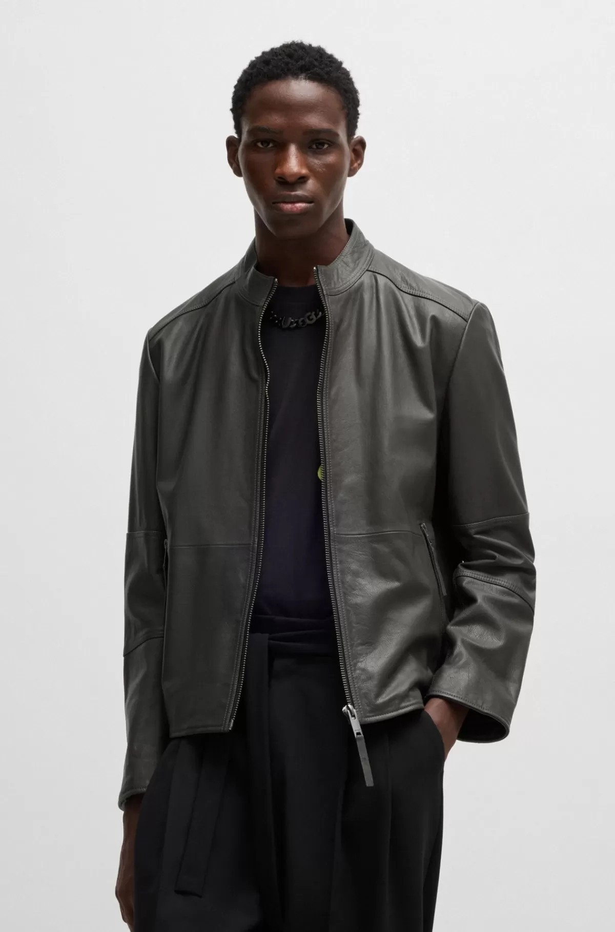 HUGO BOSS Slim Fit Læderjakke Med Kinakrave Mørkegrå Online